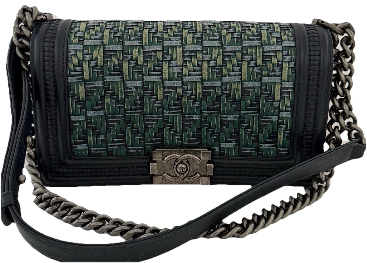 Authentic Chanel Le Boy Green Woven Leather Flap Bag Aged Silver Chain