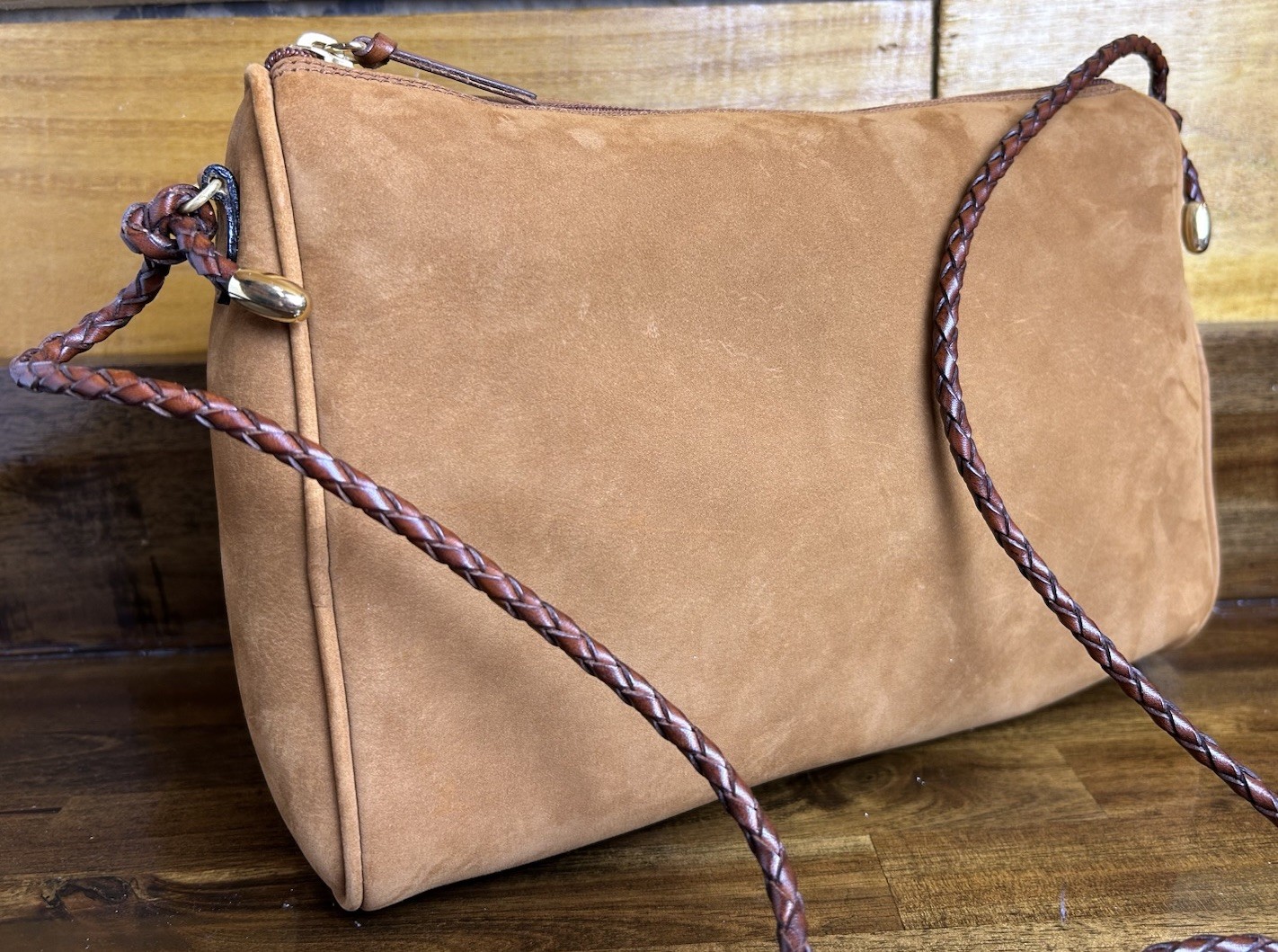 Cole Haan Crossbody Bag Brown Suede Leather Braided Strap Dust Bag Italy NEW