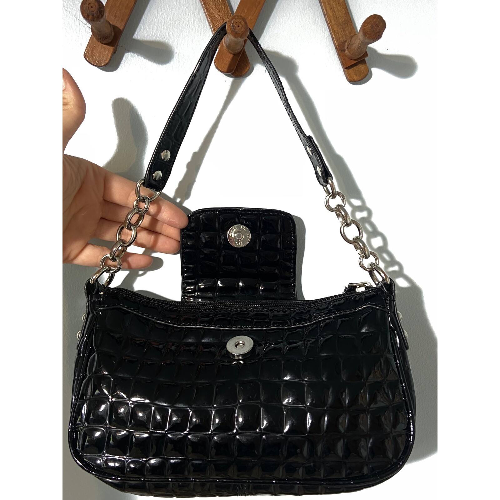 Y2K Guess Black Mini Shoulder Bag VGUC Silver Hrdwr Patent Lthr Croc Emboss VGUC