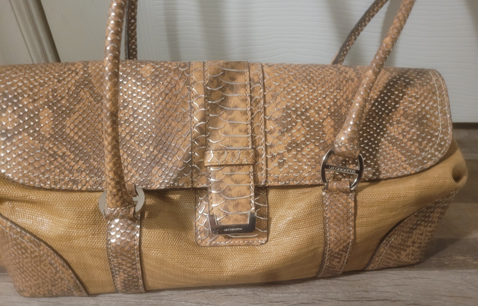 Faux Snake Skin Satchel Handbag VTG Y2K Liz Claiborne Natural Khaki Pink Lined