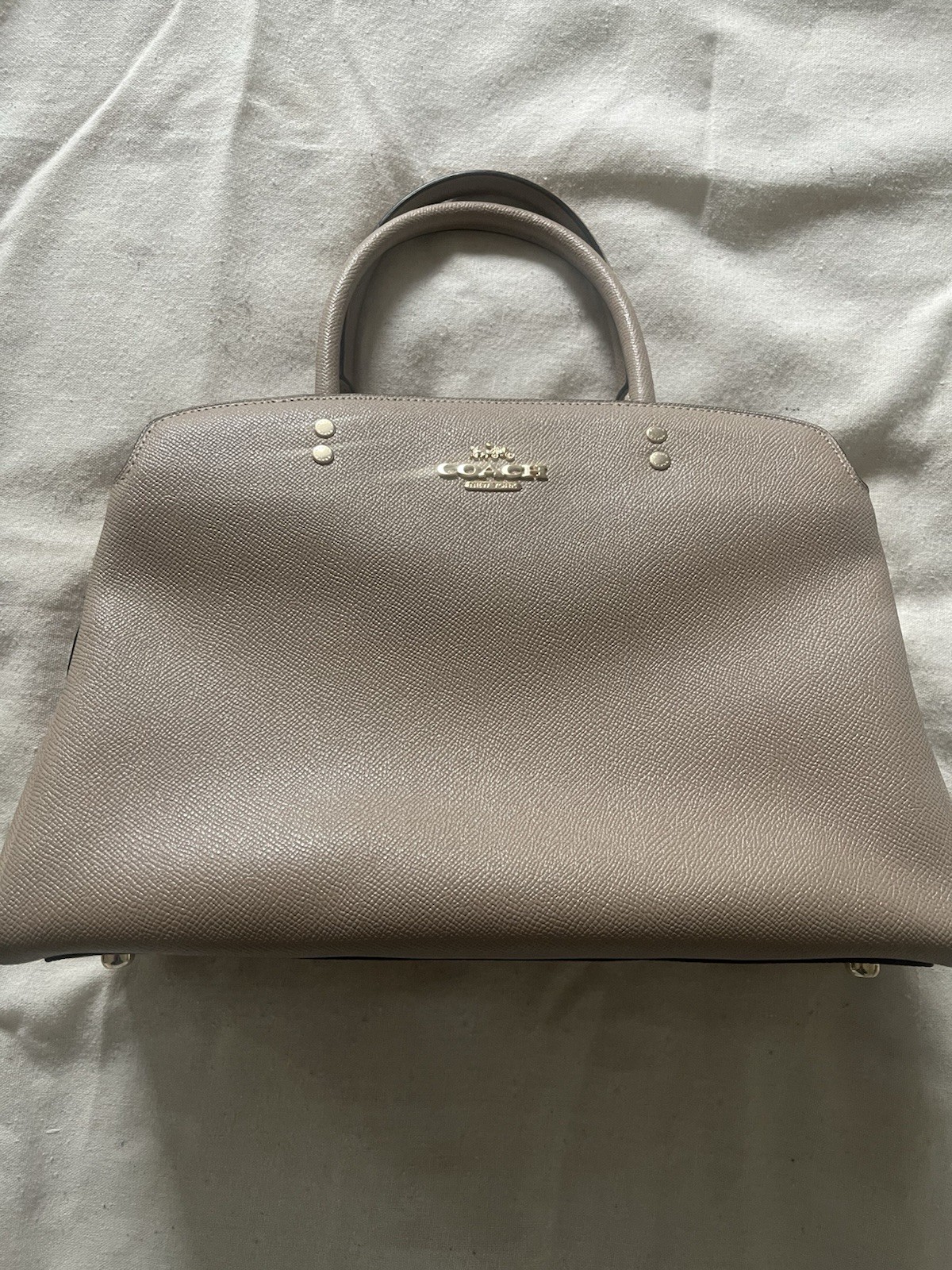 Coach Taupe Pebbled Satchel Top Handle Bag Gold Hardware Burgundy Lining