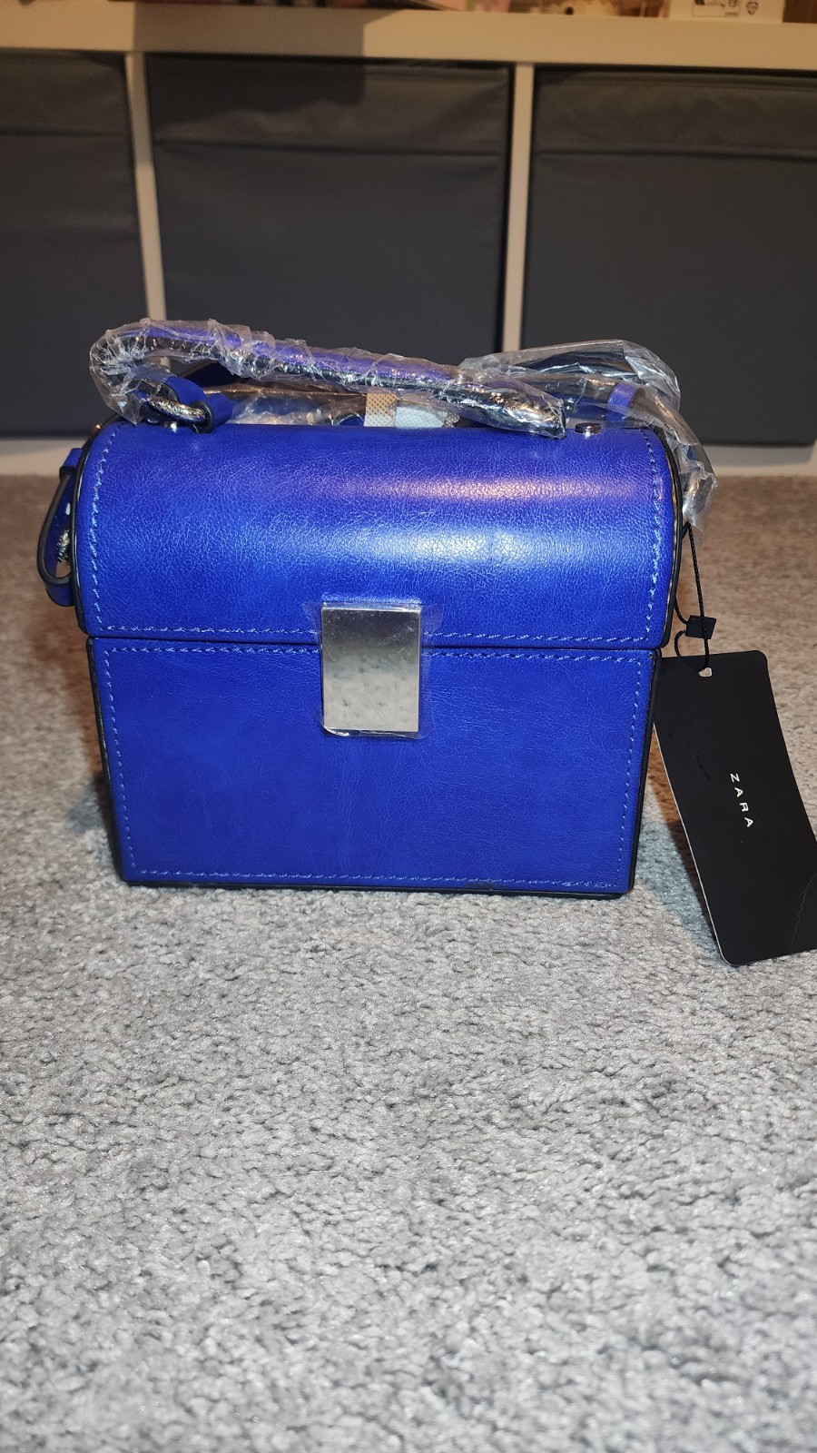 ZARA Blue Rectangle Top Handle Bag with Silver Hardware & Latch Closure