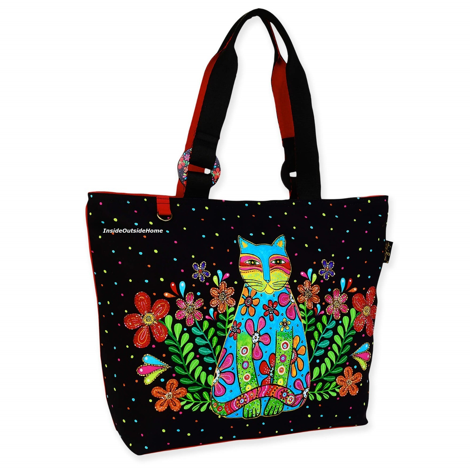 Laurel Burch Kaleidoscope Cat in Flowers XL Shoulder Tote Bag 21″x6.5″x15″ NEW