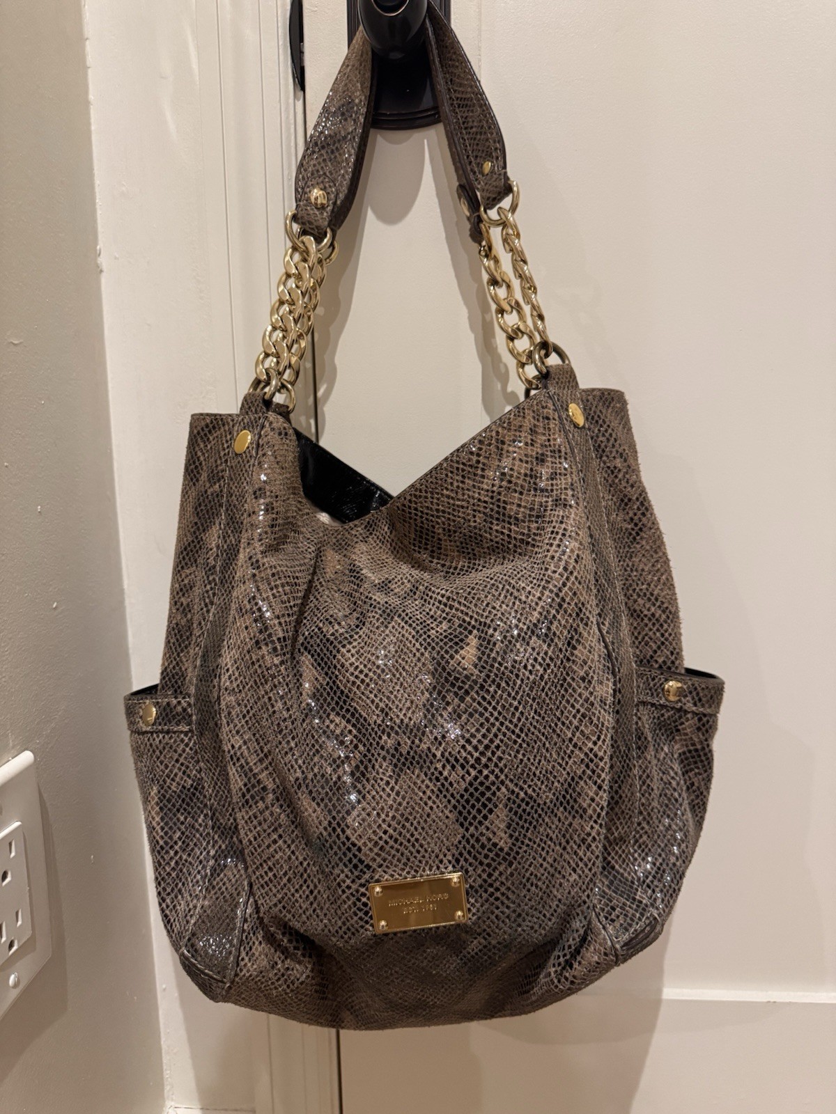 Michael Kors Brown Snakeskin Print Shoulder Bag Drawstring Gold Chain Strap