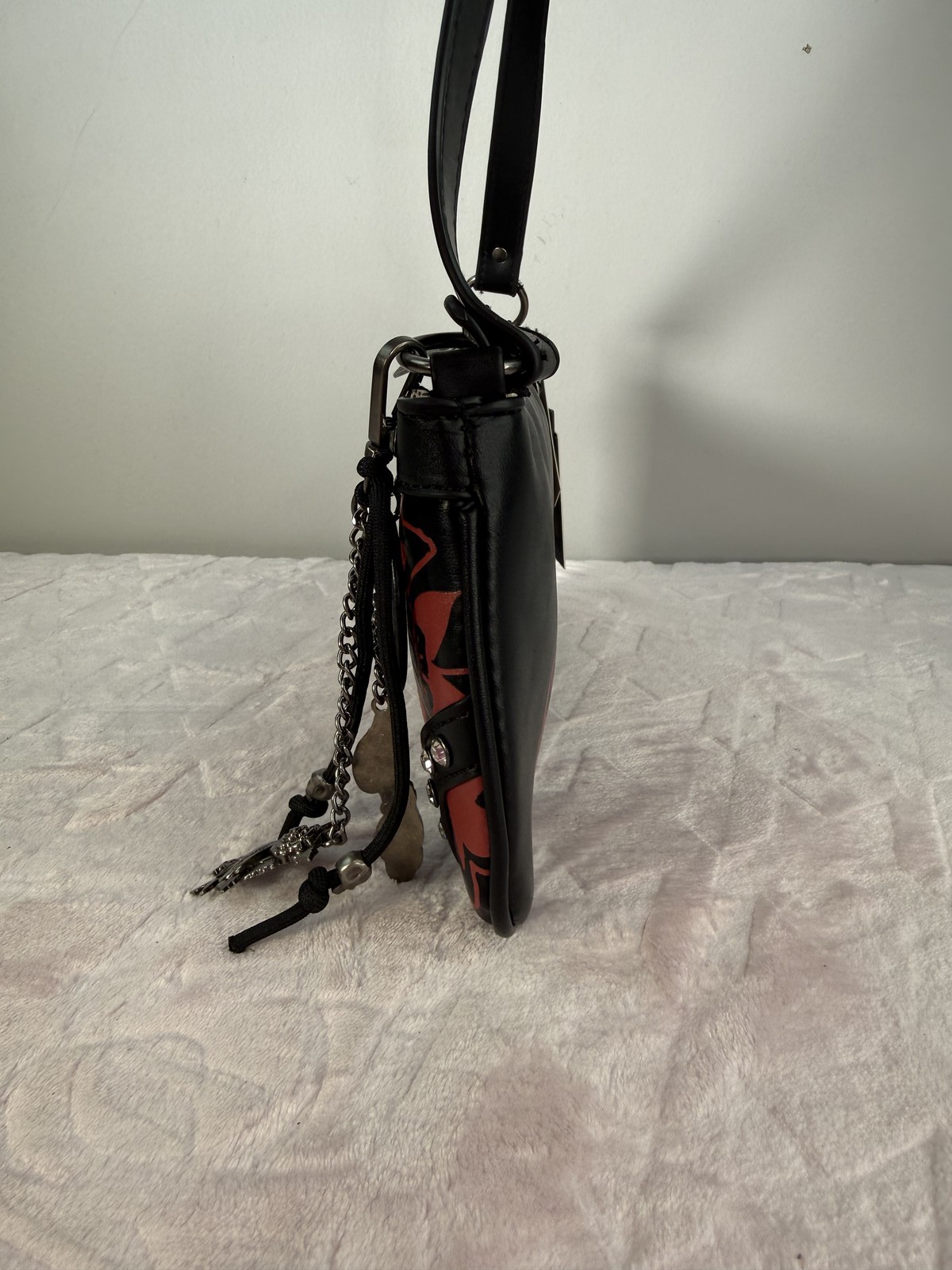 Ed Hardy Shoulder Bag Black Red Tattoo Print Rhinestone Studs