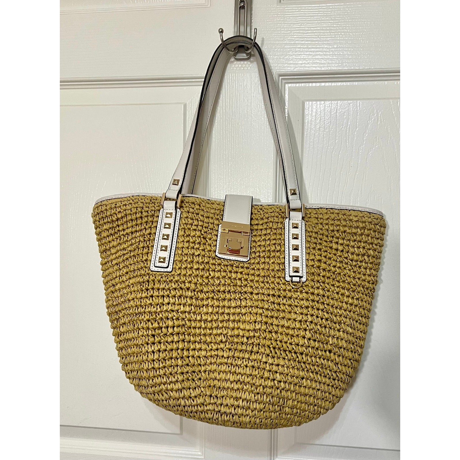 Michael Kors Beachy Casual Raffia White Leather Tote Shoulder Bag Handbag