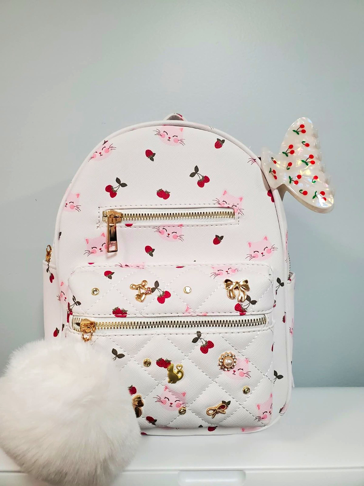 Under One Sky White Pink Mini Backpack Cherry Print Cat, Bow, Zip, Gold Charm