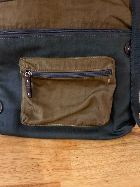 Highway Crossbody Nylon Multi-Pocket Handbag Olive Green & Blue Leather Accents