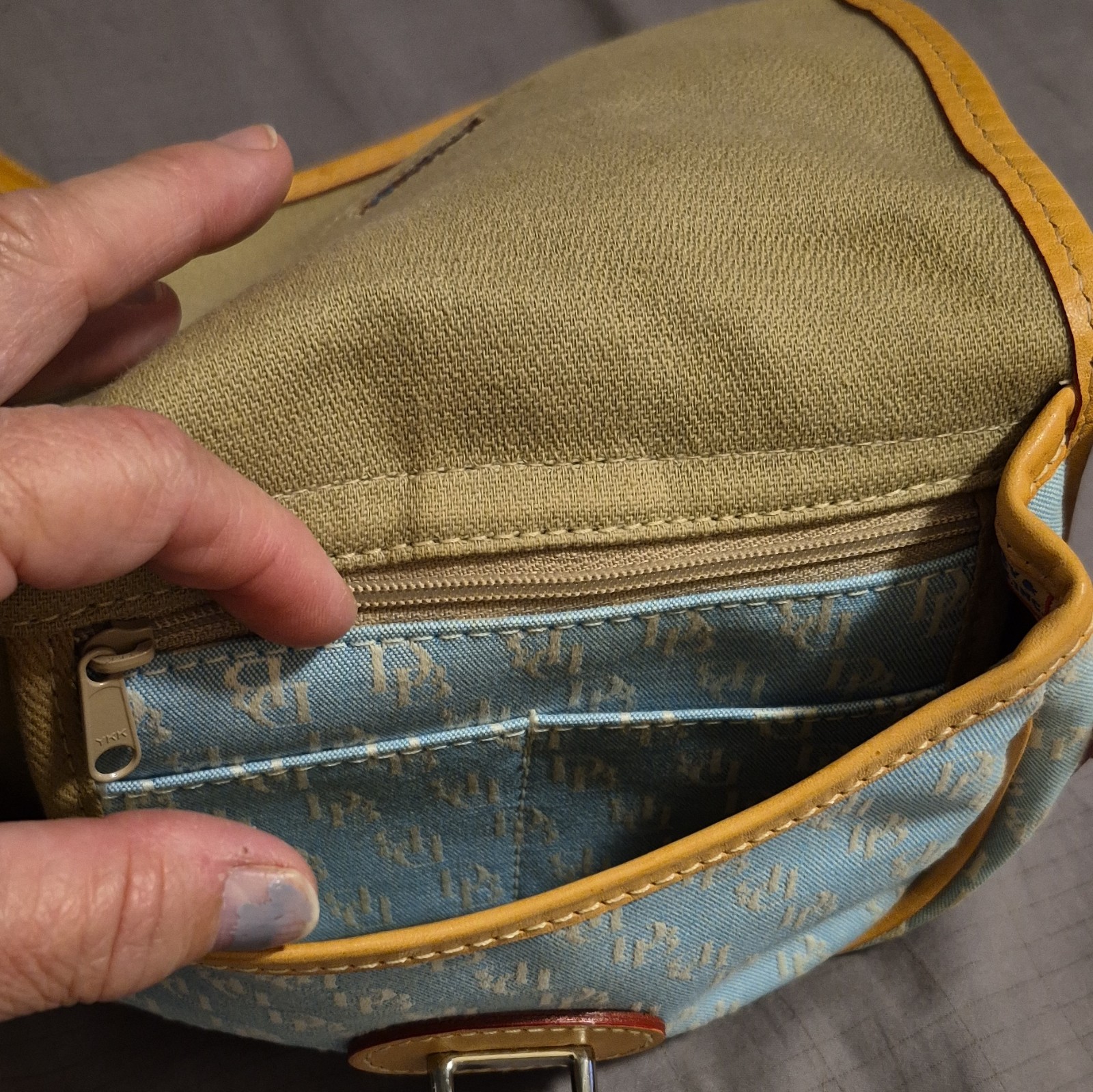 Vintage Dooney & Bourke Light Blue Denim DB Monogram Canvas Saddle Crossbody Bag