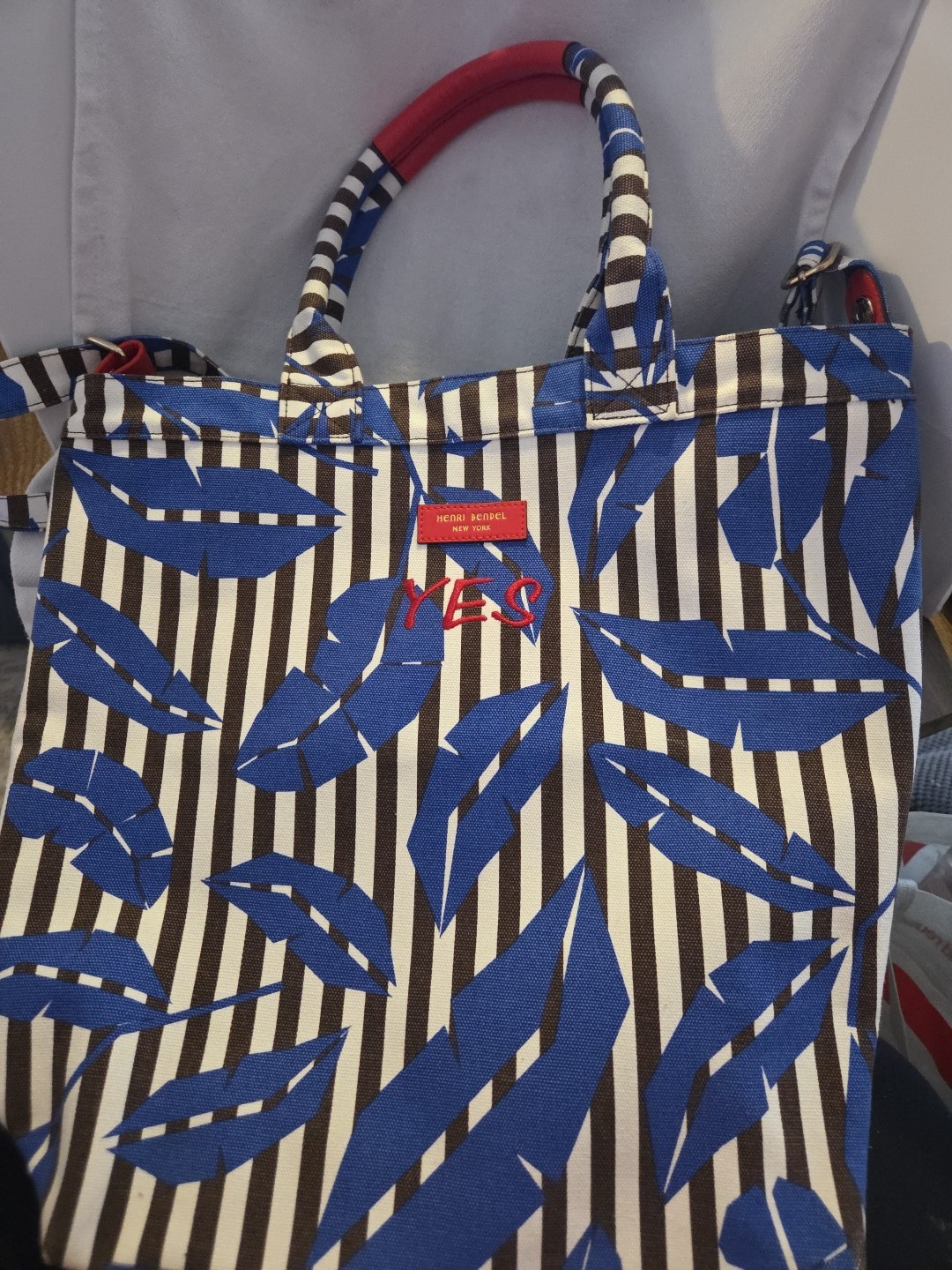 Henri Bendel Canvas Leather Trim Magazine Tote Yes-Stripe Leaf Purse Bag NWOT