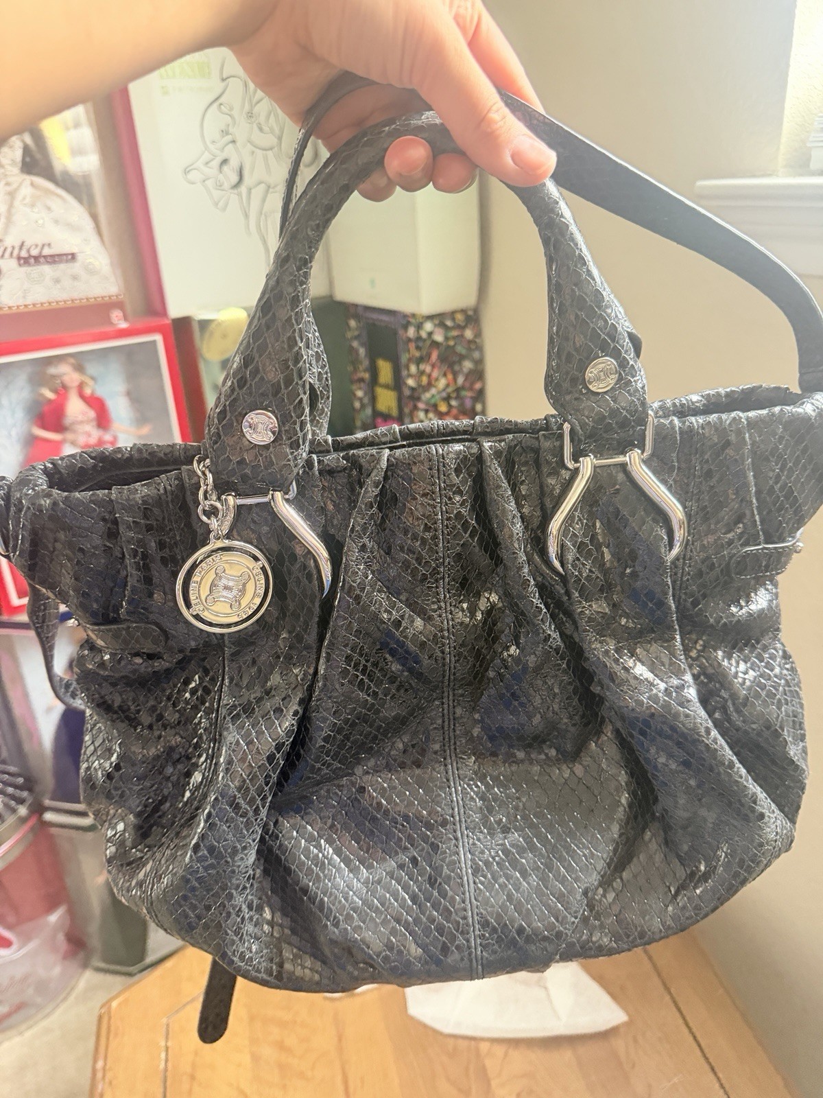 Céline Black Snake Skin Satchel Top Handle Zip Bag Silver Hardware Charm