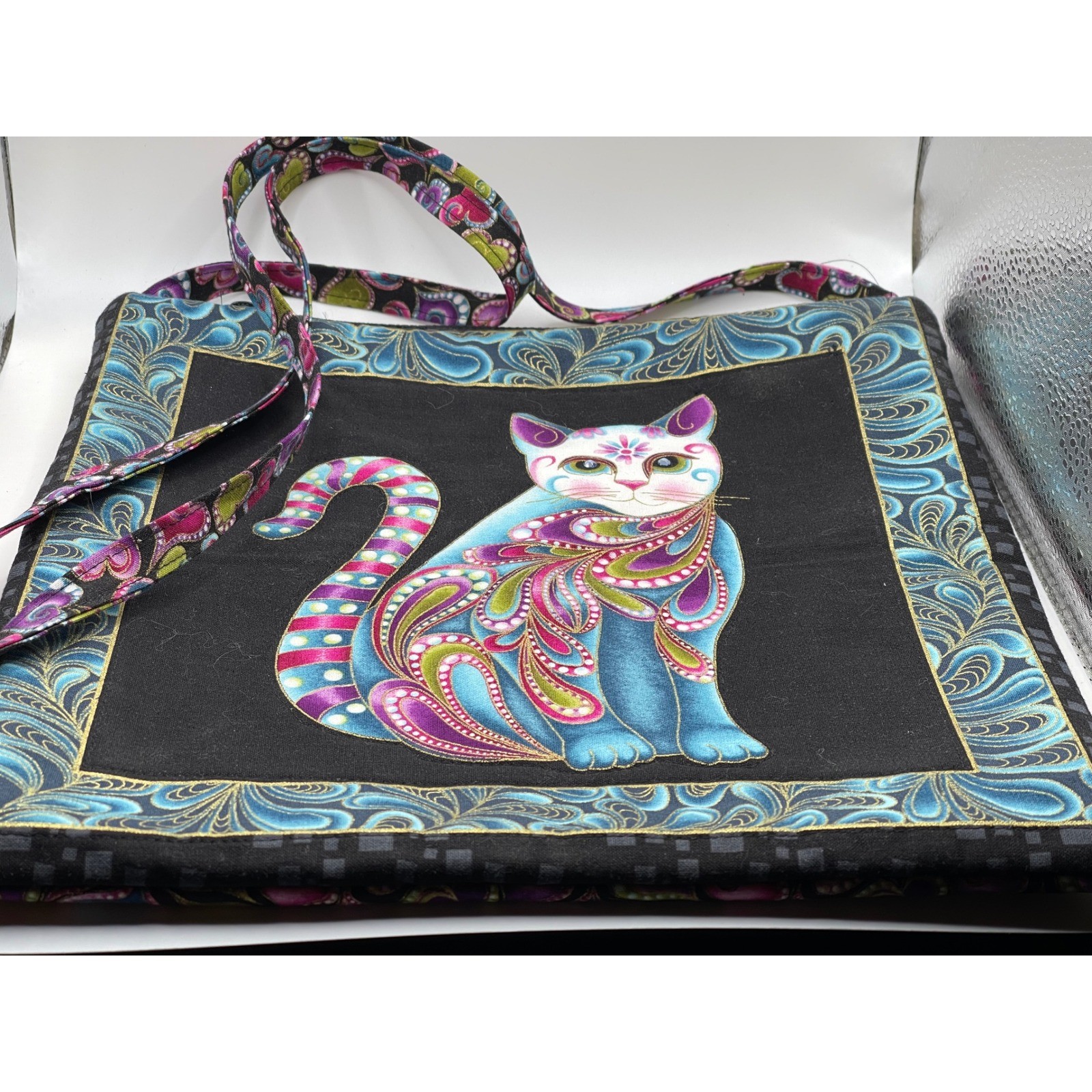 Artistic Psychedelic Cat Crossbody Bag Rhinestone Eyes Bohemian Fabric Purse