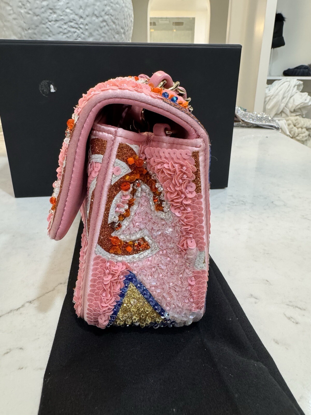 Chanel Pink / Blue Sequence And Bead Small Flap Bag Spring 23A Limited Edition