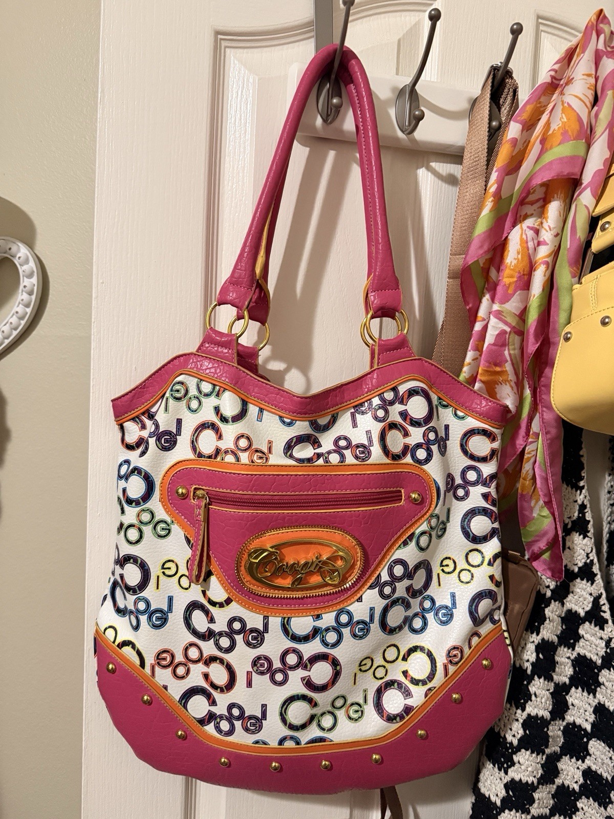 COOGI Pink Multicolor Logo Shoulder Bag Magnetic Closure Pockets Gold Hardware