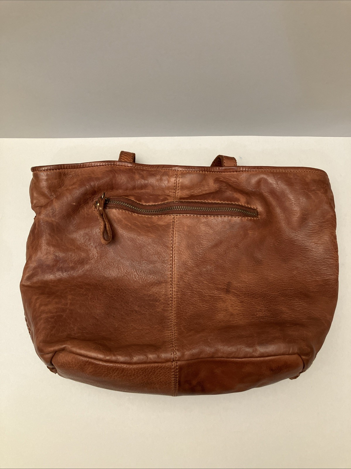 Vintage Dark Brown Woven Leather Shoulder Tote Bag Zipper Basket Weave Large