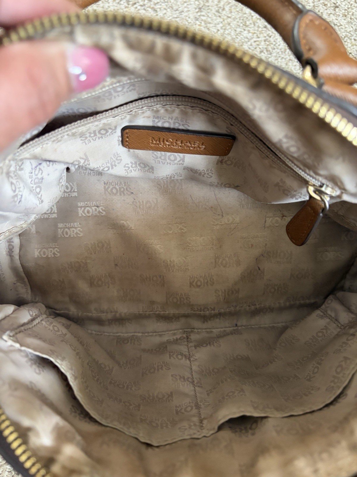 Michael Kors Beige and Tan Logo Dome Satchel