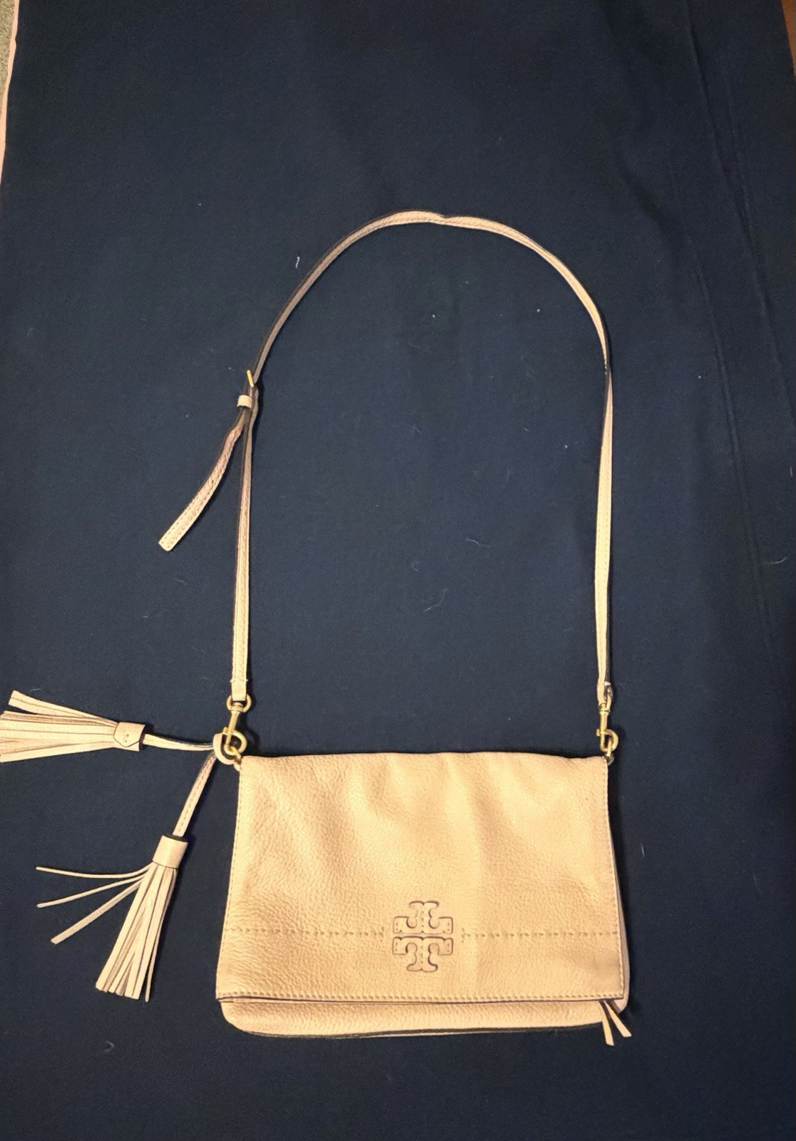 Tory Burch Blush McGraw Fold-over Bag Zip Top Tassel Gold Hardware Pockets