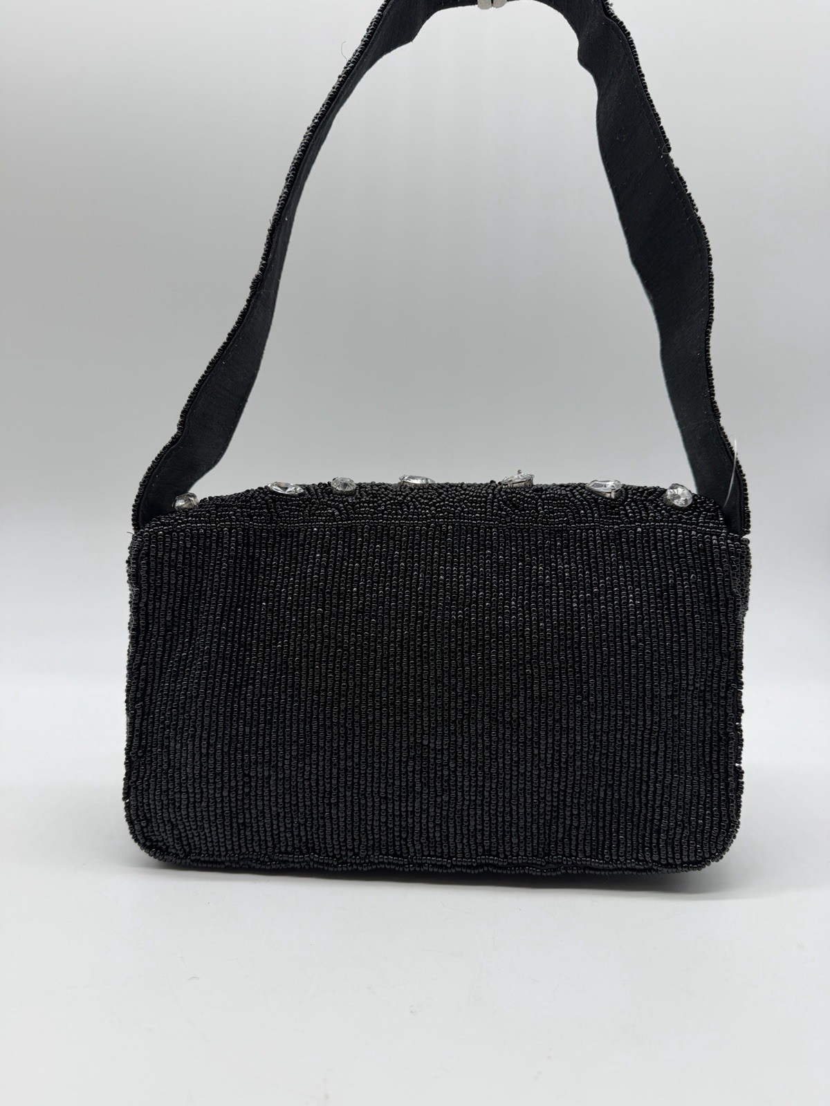 On 34th beaded shoulder bag with crystal embellishments – Black and silver