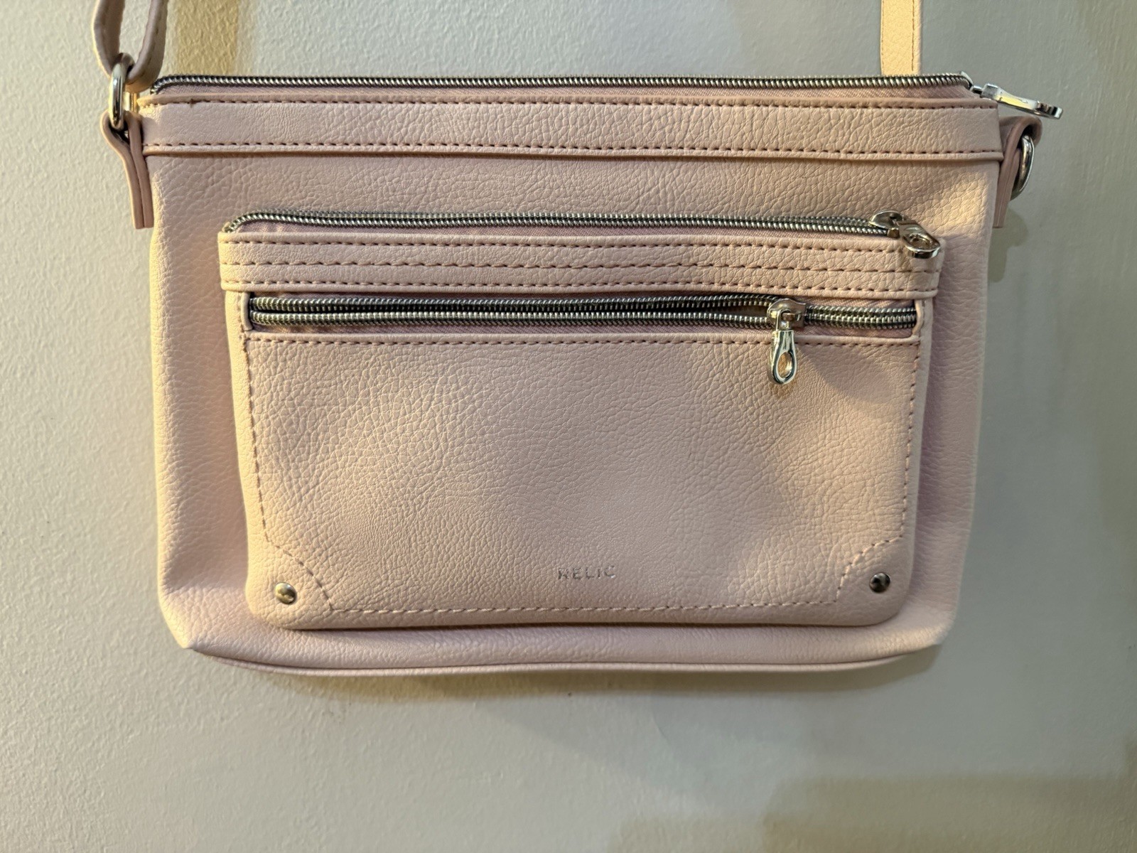 Relic Women’s Small Pink Pebbled Crossbody Bag, Zip Closure Front Zip Pocket
