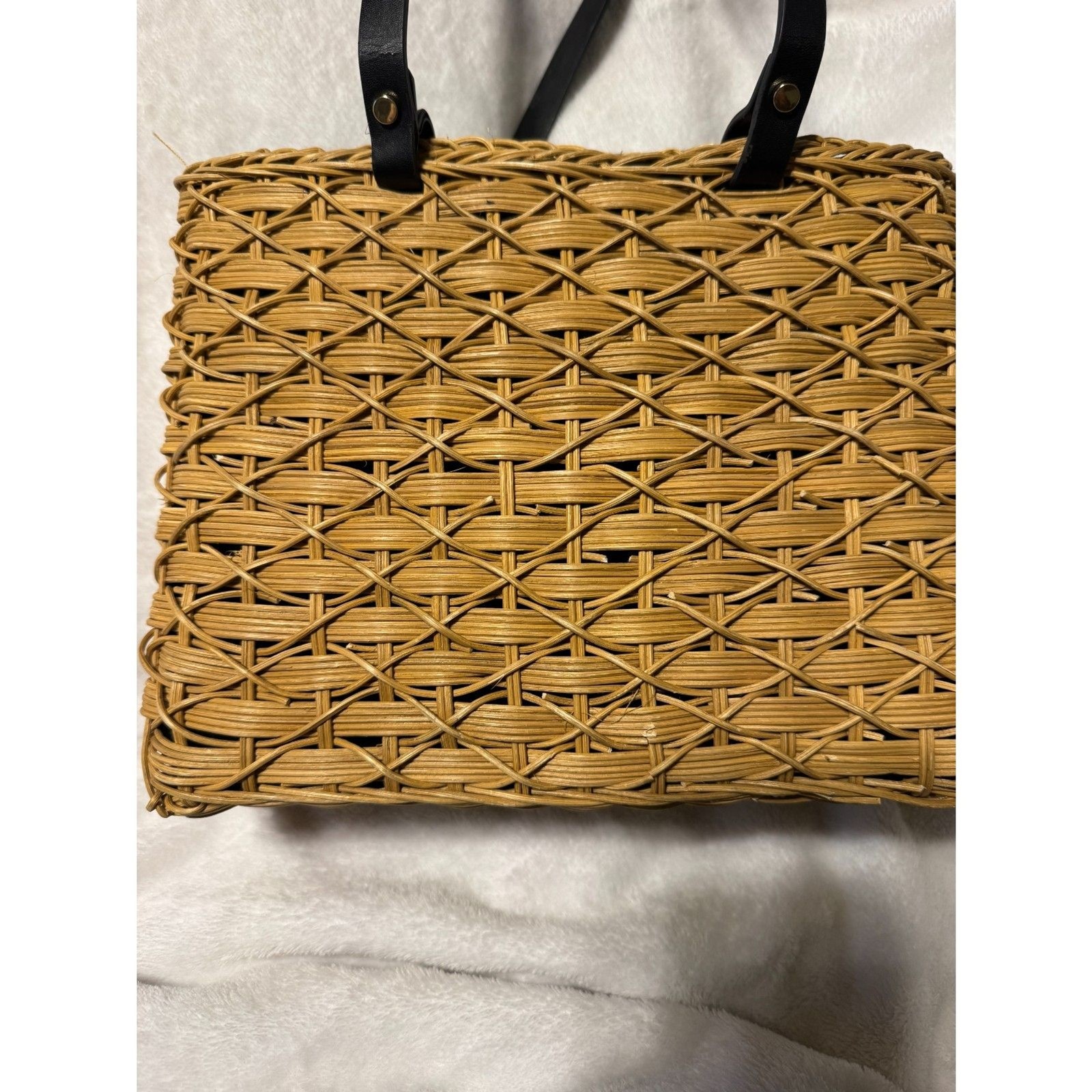 Zara Basic Woven Straw Tote Bag Natural Rattan Black Handles Boho Beach