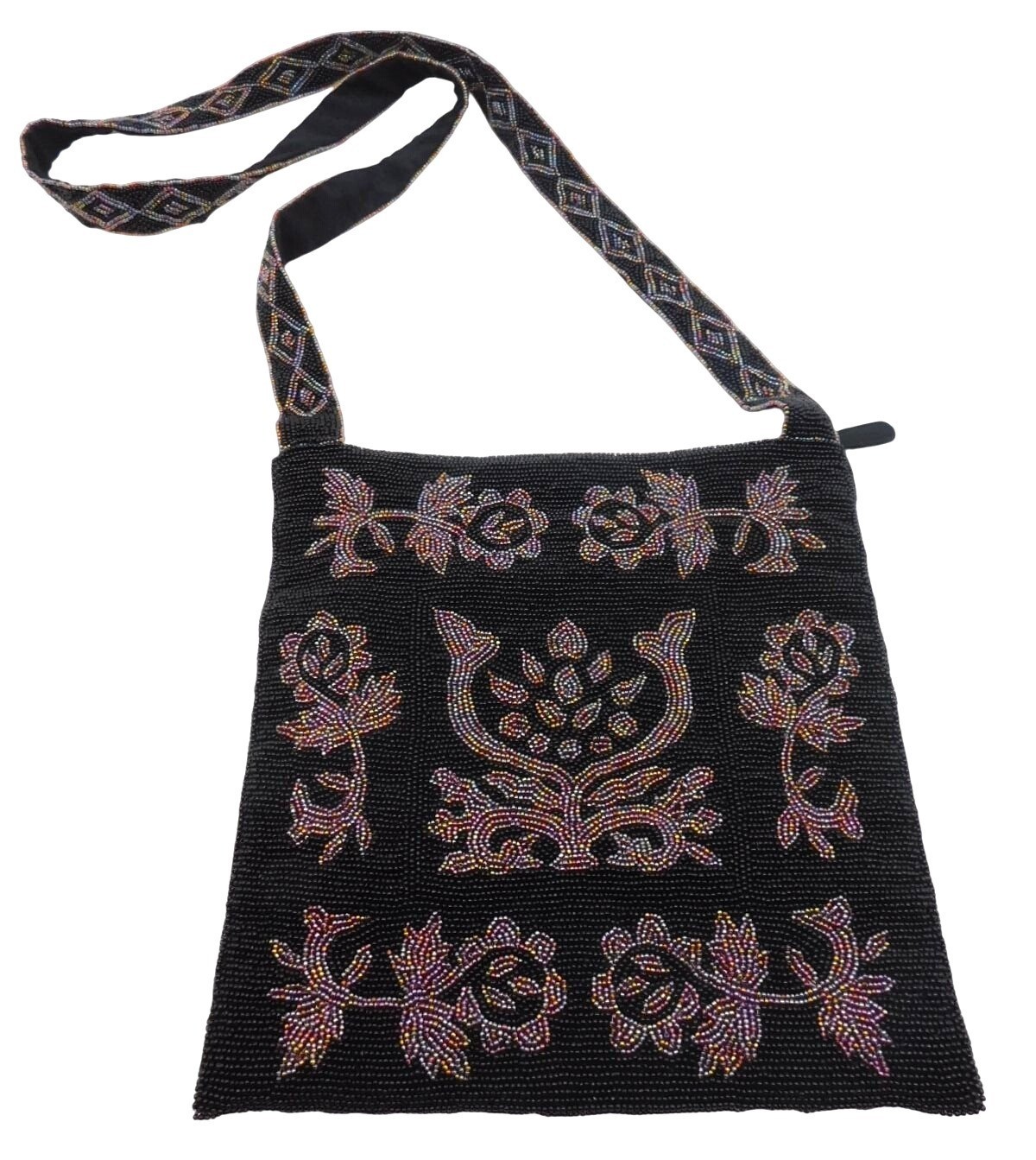 Indeed Beaded Black Crossbody Bag Floral Design Zipper Closure Purse Boho Artsy