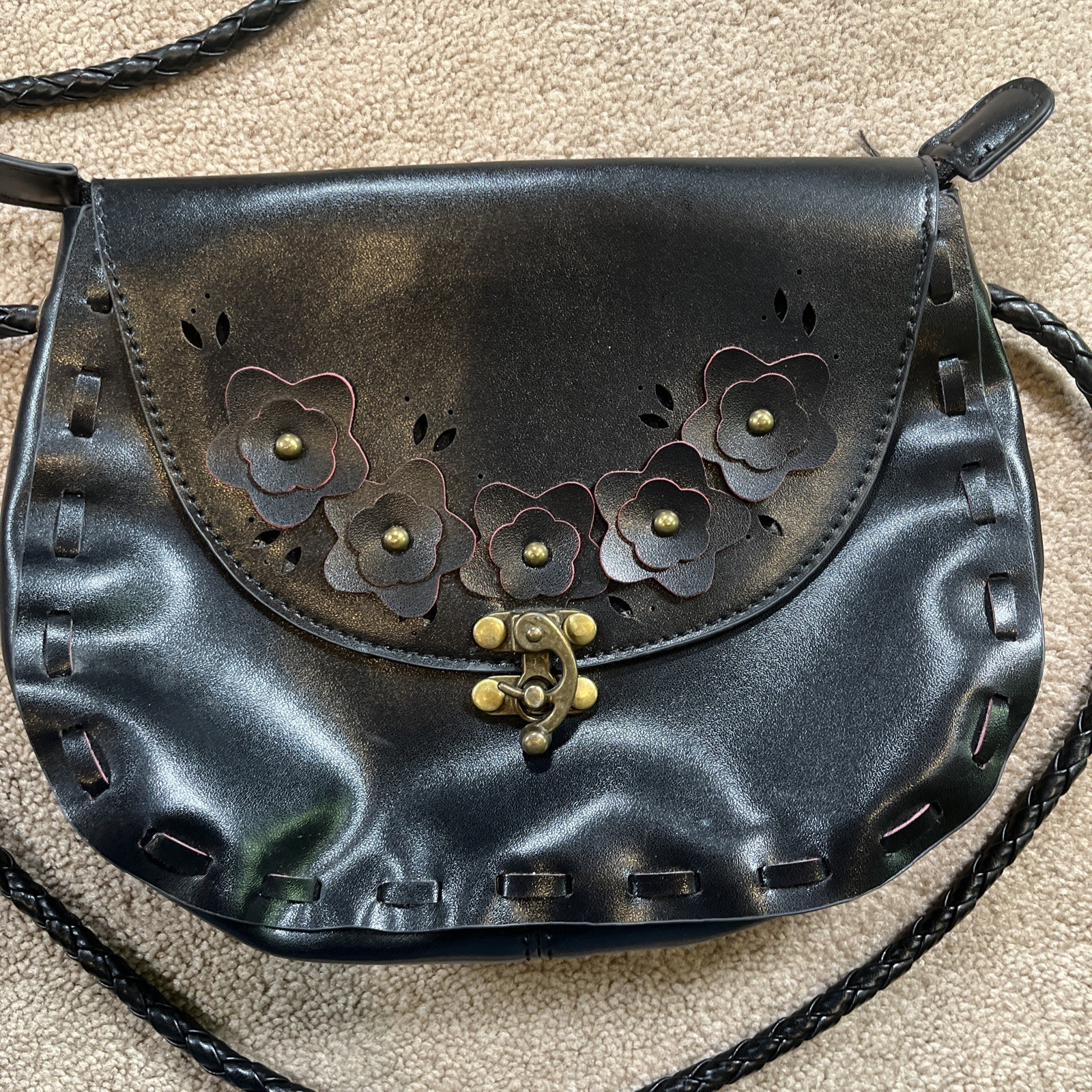 Black Floral Cutouts Crossbody Purse Bag 9 x 7 Inches Faux Leather Zipper Shut