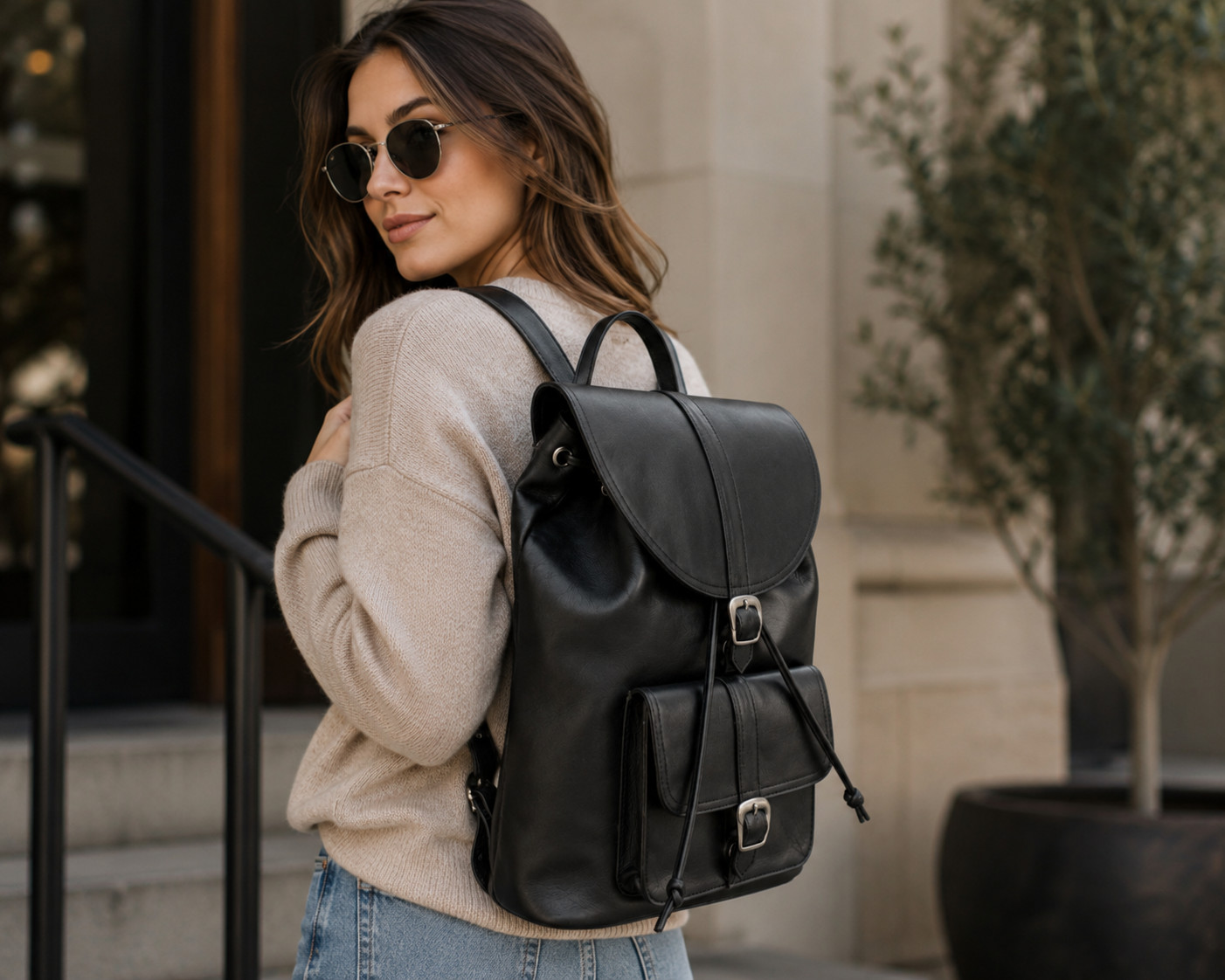 Black Leather Backpack for Women and Men, Handmade Minimalist Rucksack, Vintage