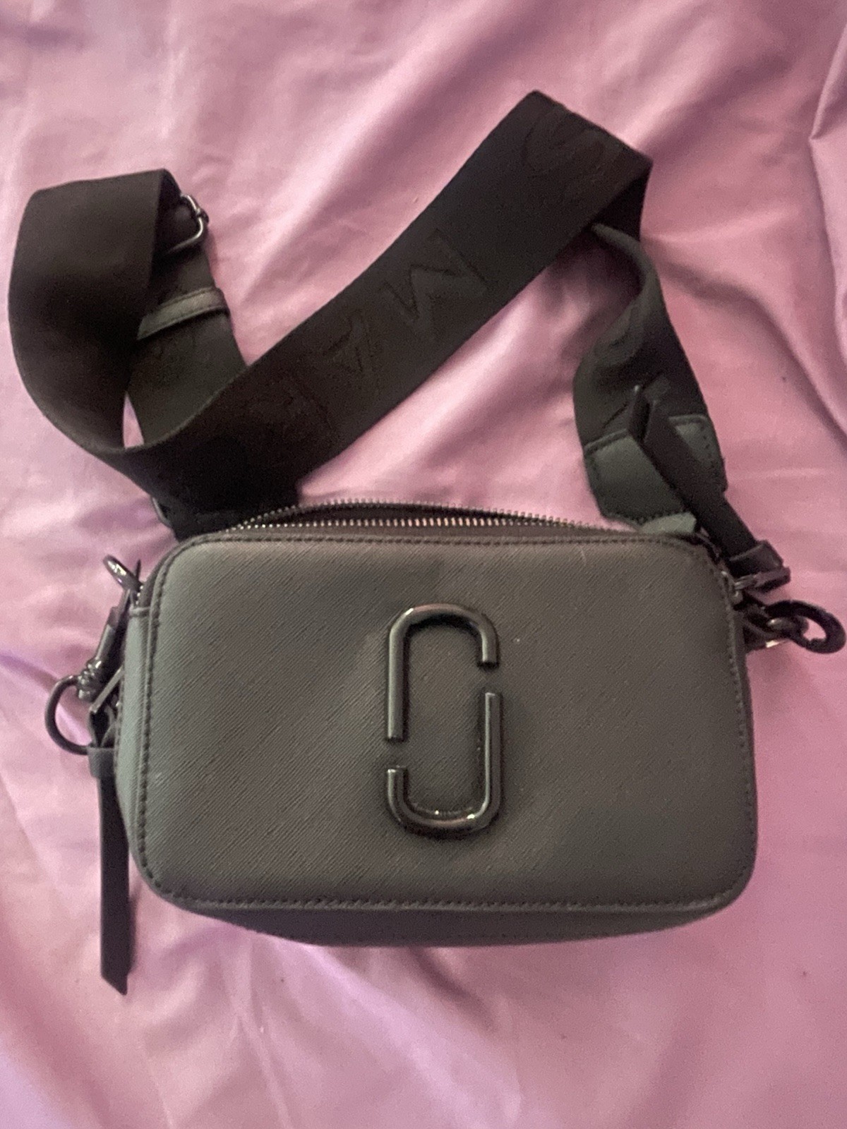 Marc Jacobs Gray Small Zip Crossbody Bag, Adjustable Black Strap, Logo