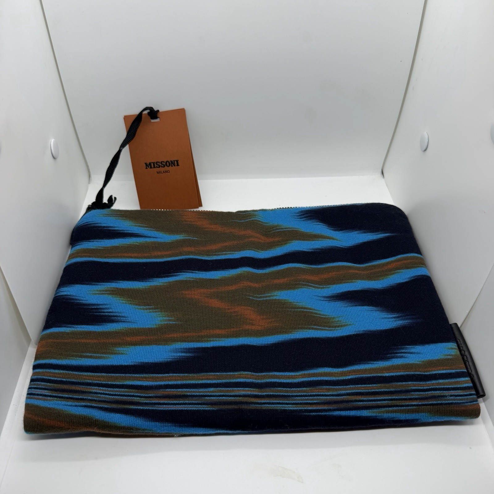 Missoni Milano Knit Pouch Clutch Space Dye Flame Stitch Blue Orange NWT Italy