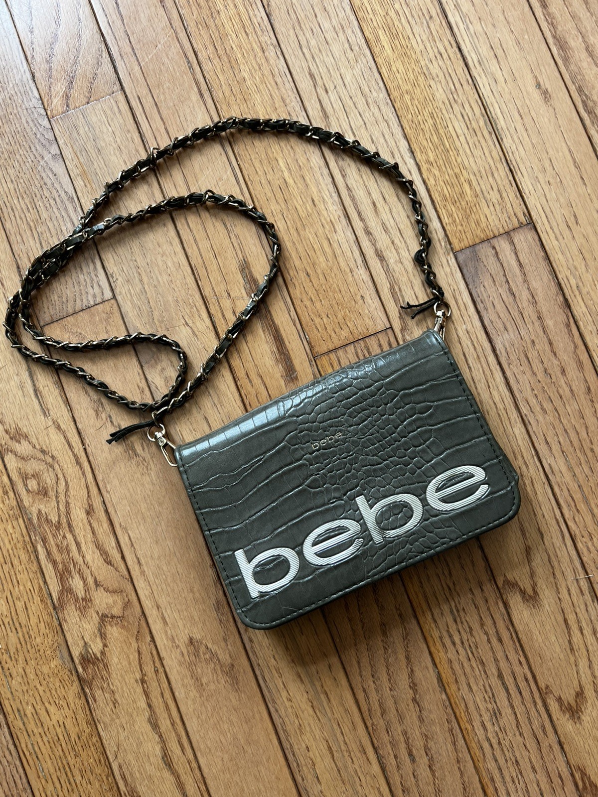Bebe Fabiola Crossbody Stamped Green Crocodile Faux Leather Small Handbag