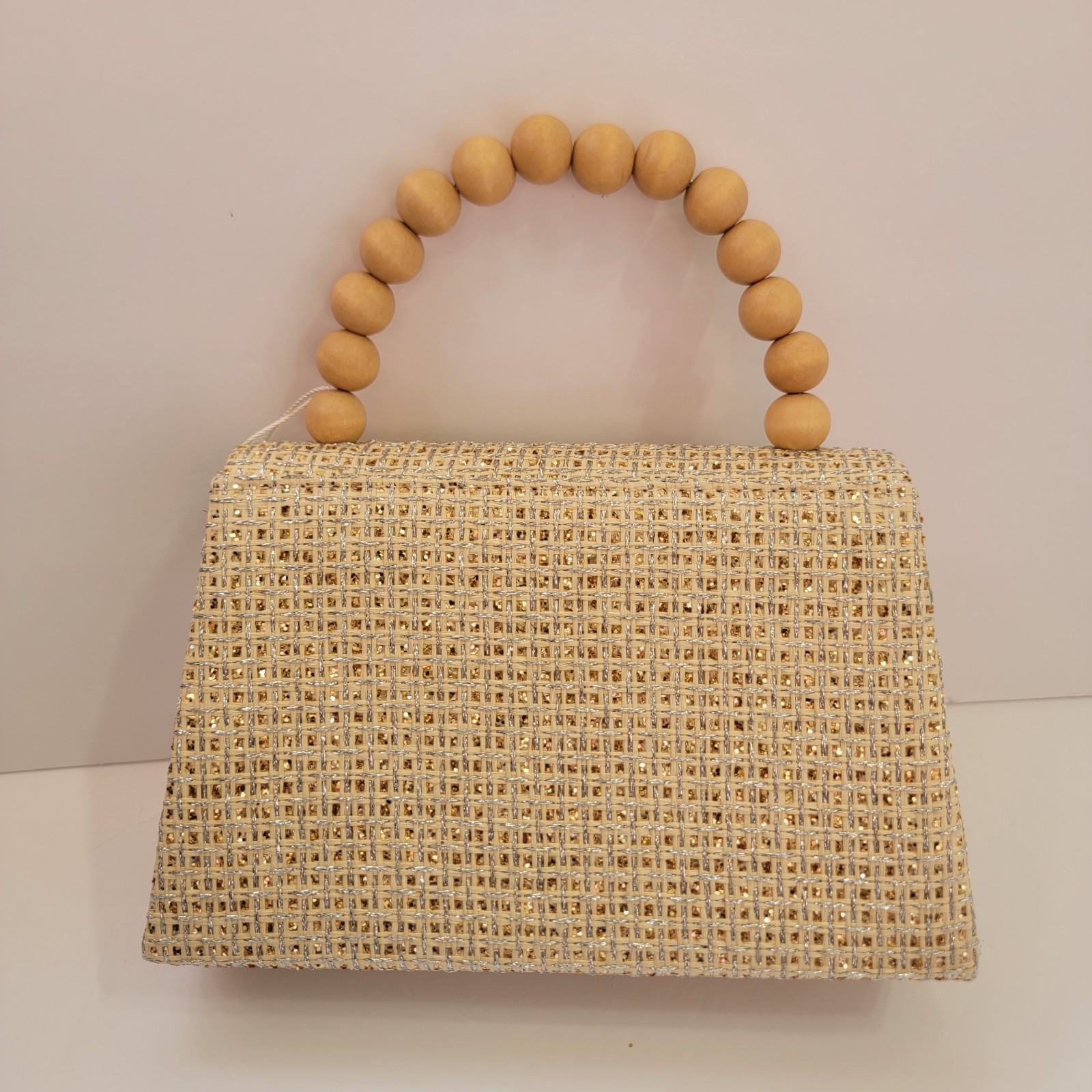 Tommy Bahama Woven Straw Shell Clutch Crossbody Bag Wood Bead Handle Gold Chain