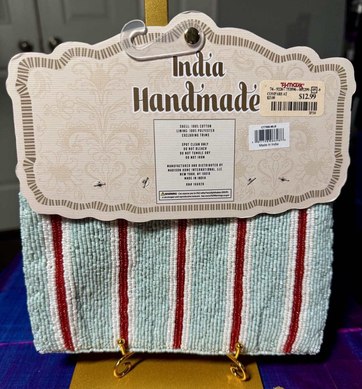 NWT India Handmade Beaded Pouch Stripe Mint Red Tassel Zipper Bag Clutch Purse