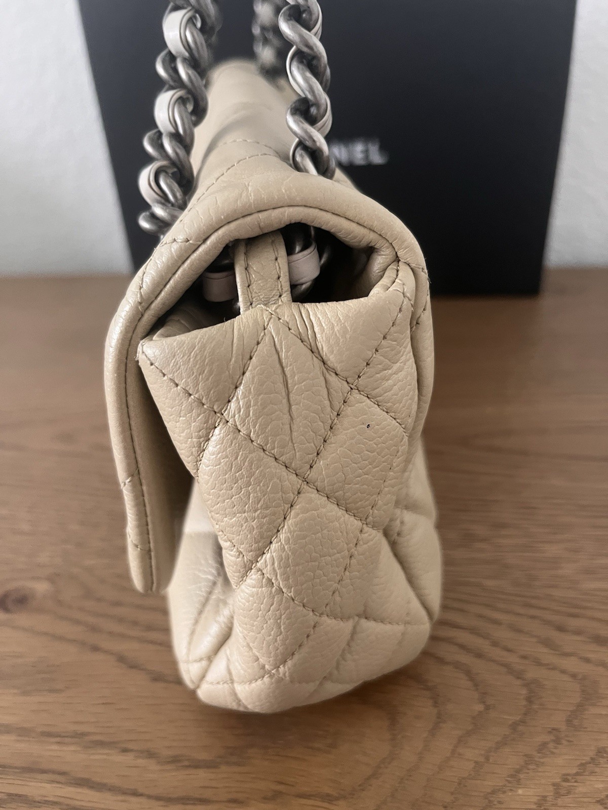 CHANEL Beige Gray Quilted Classic Flap Bag Silver Hardware