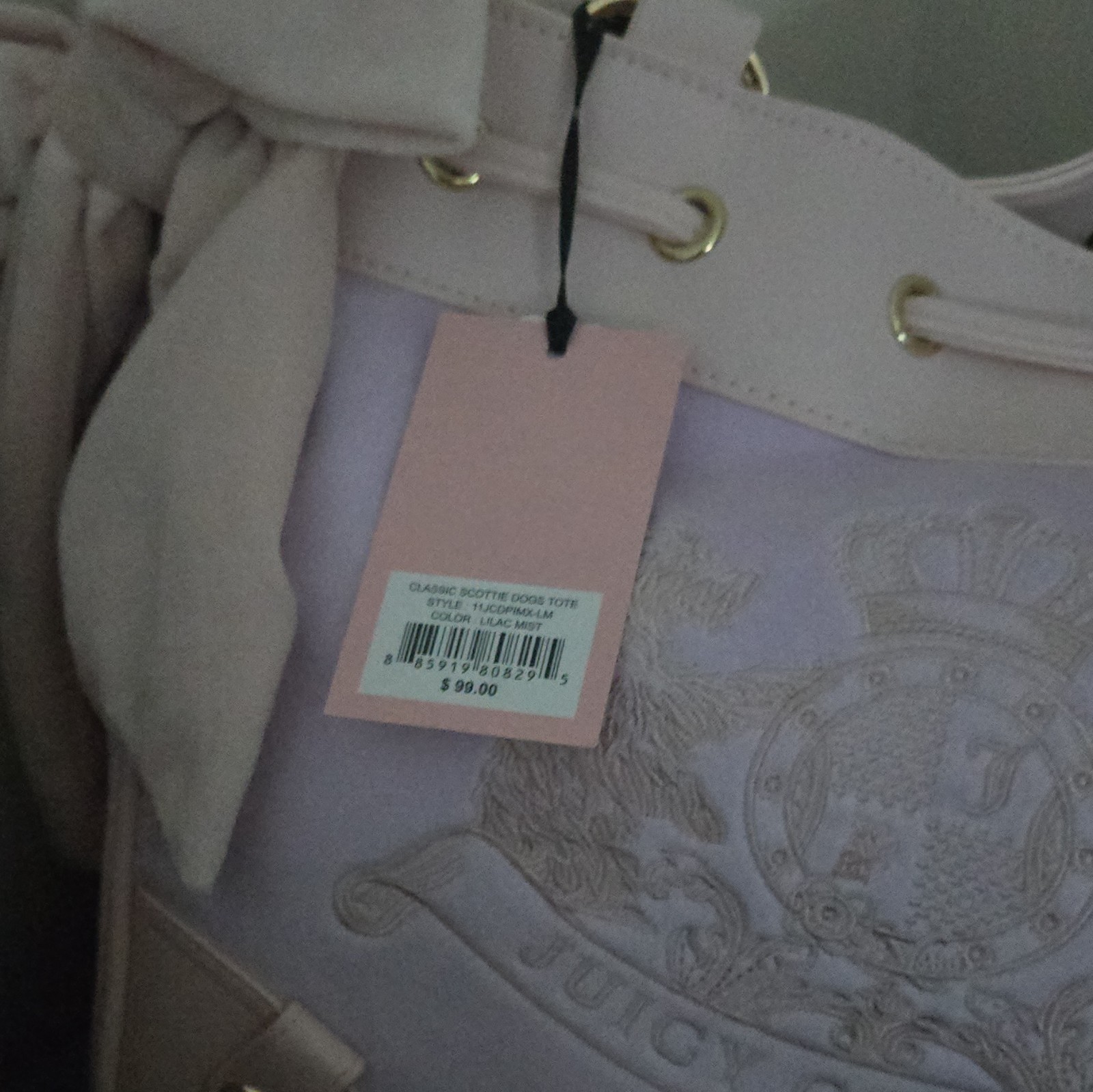 Juicy Couture Tote Bag Drawstring Logo Bow, Lilac/Pink Strap, Gold Hardware
