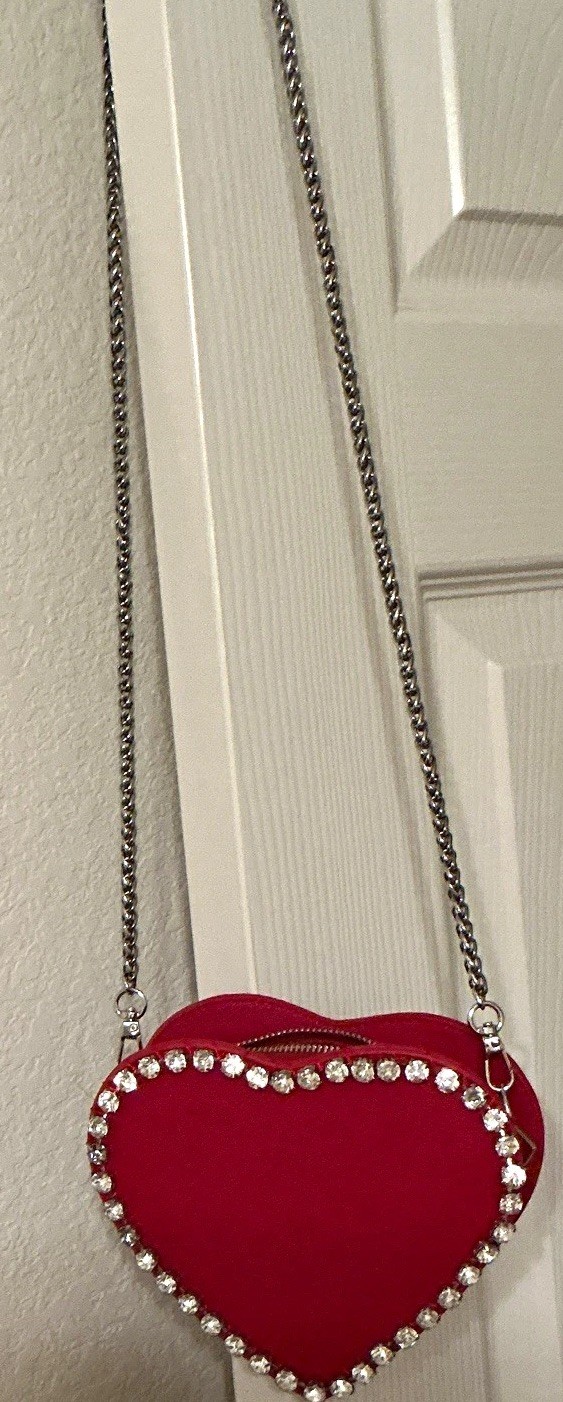 Red Heart Rhinestone Trim Crossbody Bag Silver Chain Strap Zip Closure Small