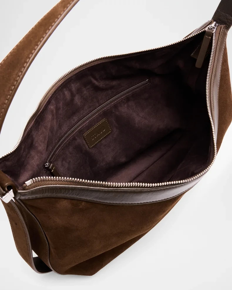 STAUD Bag Demy Large Suede Shoulder Bag Espresso Brown Rounded NEW $45