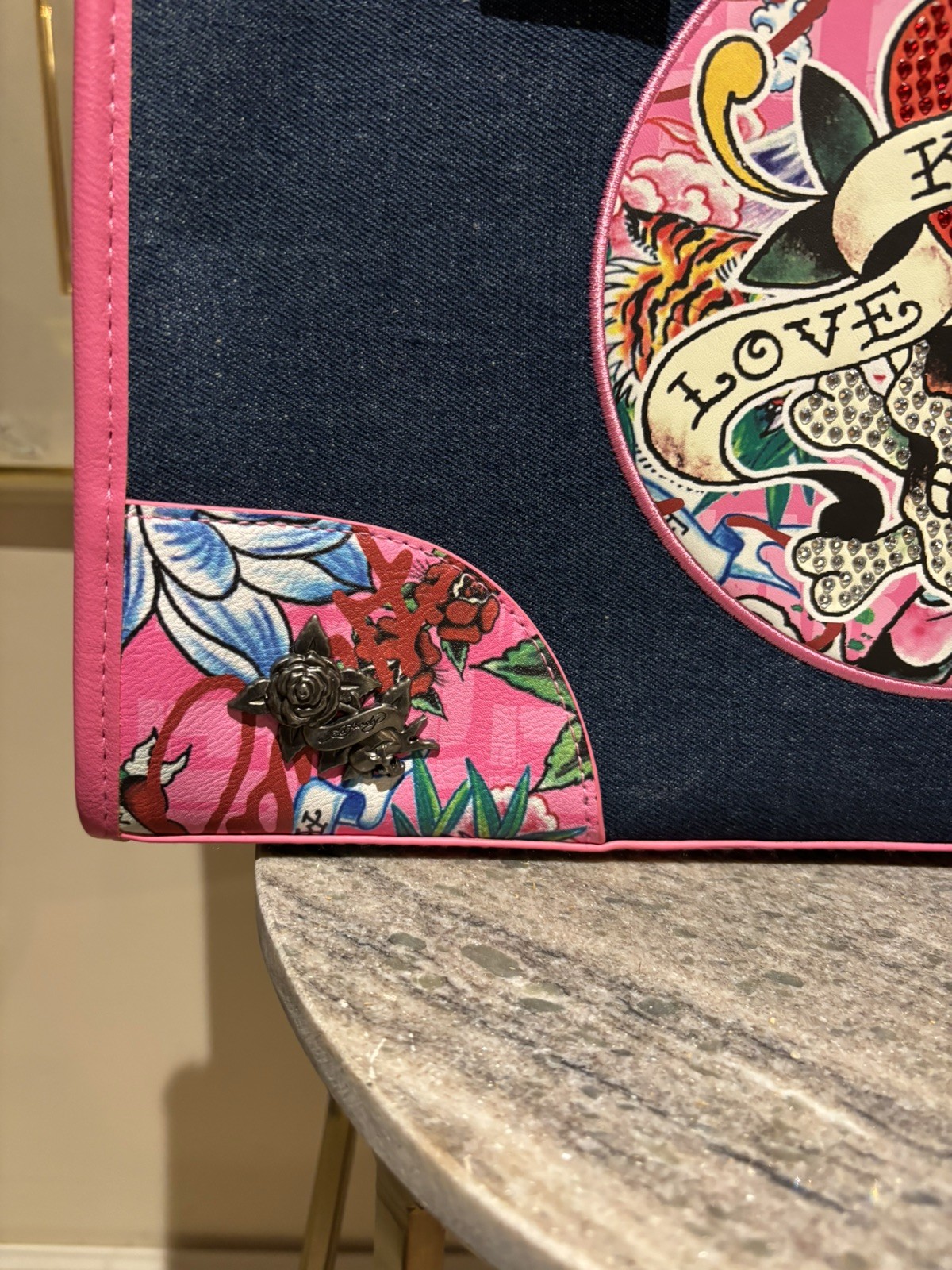 NWT Ed Hardy Love Kills Slowly Denim Pink Tote Bag Skull Rhinestone Y2K Rare