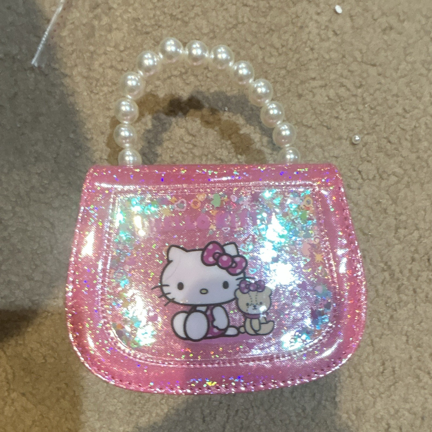 Hello Kitty Pink Iridescent Mini Top Handle Purse Pearl Beaded Handle Snap