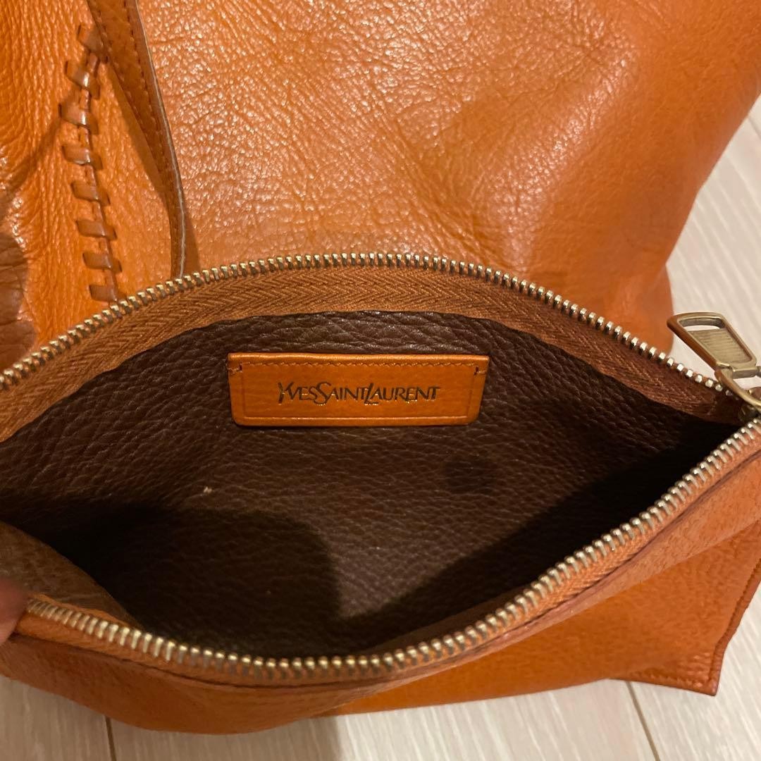 Yves Saint Laurent Orange Leather Reversible Tote Bag with Pouch Used From Japan