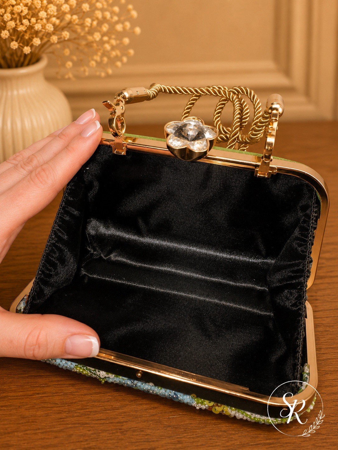 NEW Floral Sequin Clutch Crossbody Crystal Clasp Removable Rope Strap