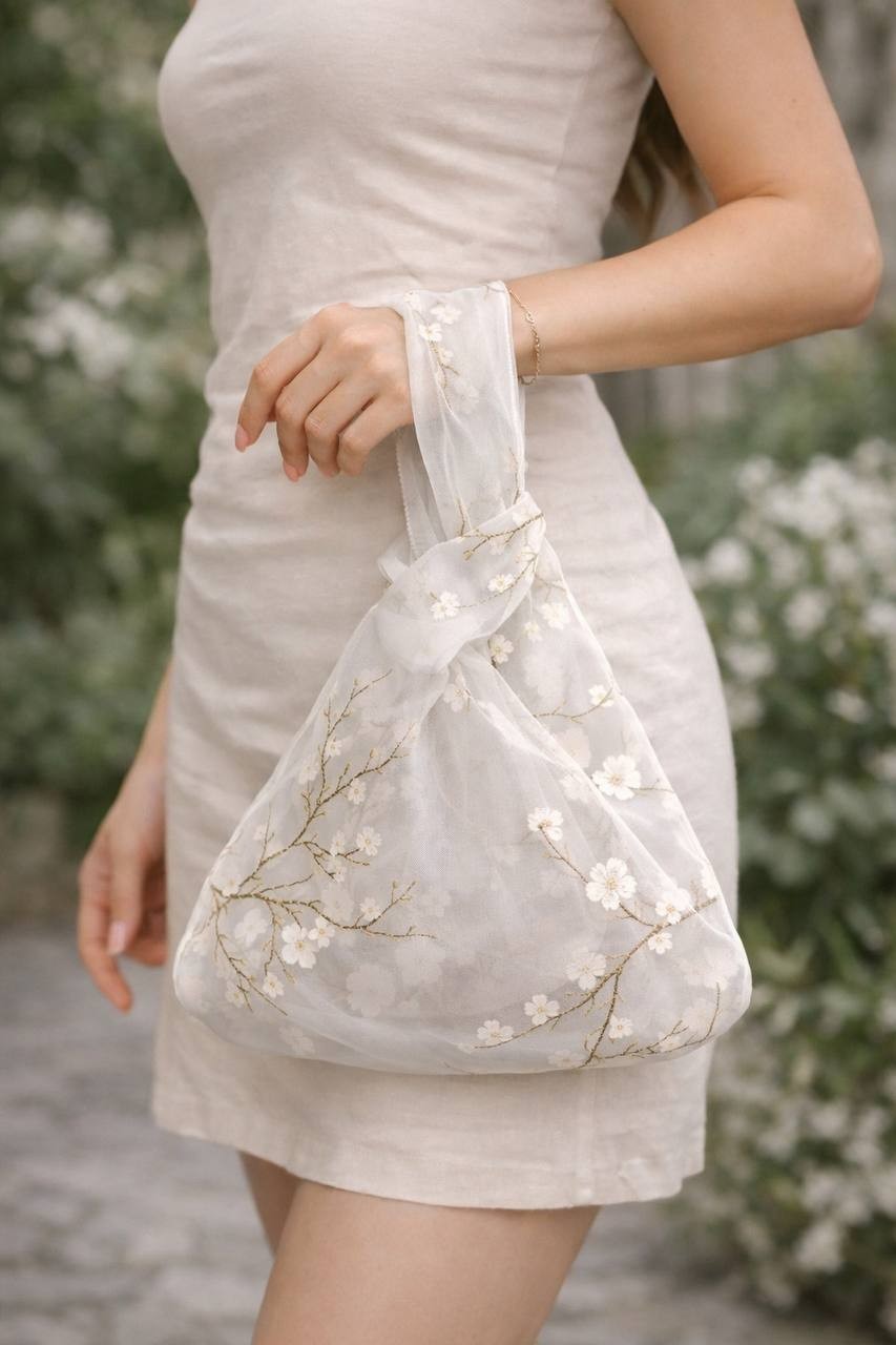 Japanese Knot Bag Sheer Organza Floral Tote Transparent Aesthetic Handbag