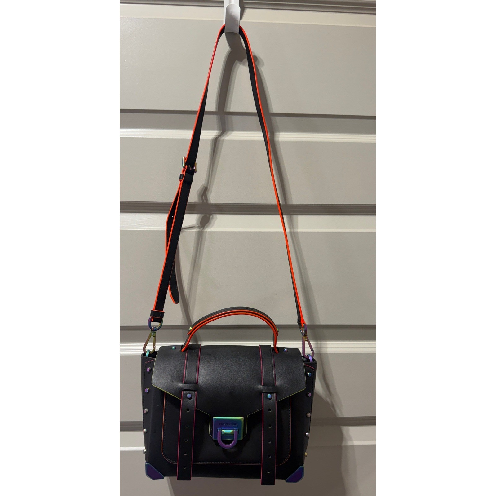 MICHAEL KORS Manhattan Rainbow Iridescent Neon Purple Black Orange Satchel Bag