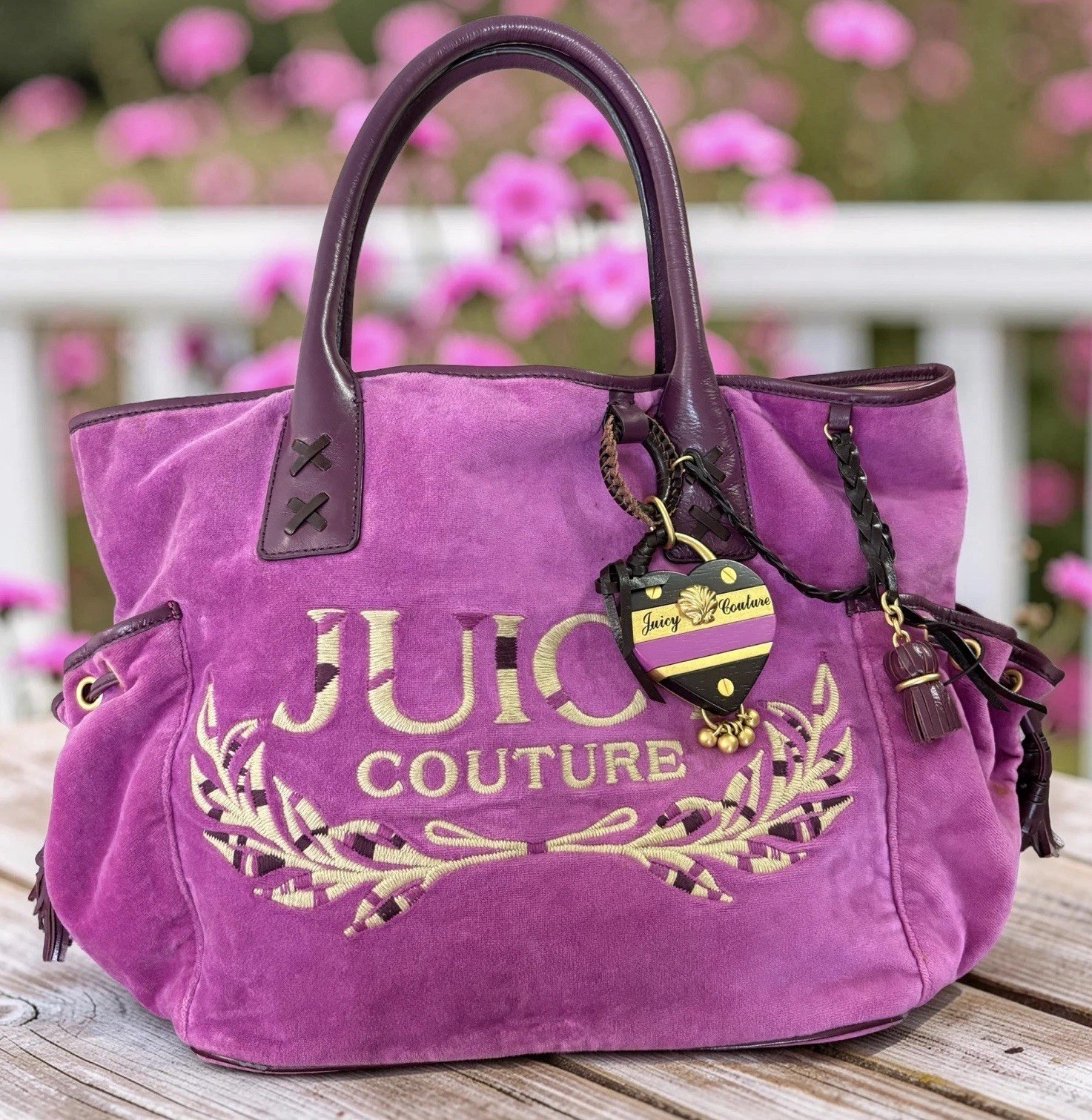 Juicy Couture Crown Magenta Pink Purple Velour Velvet Large Tote Bag Y2K Vintage