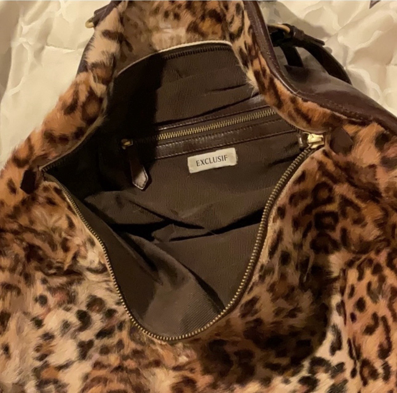 Extremely RARE VTG 1950s Genuine Leather & Real Fur Handbag spotted animal print