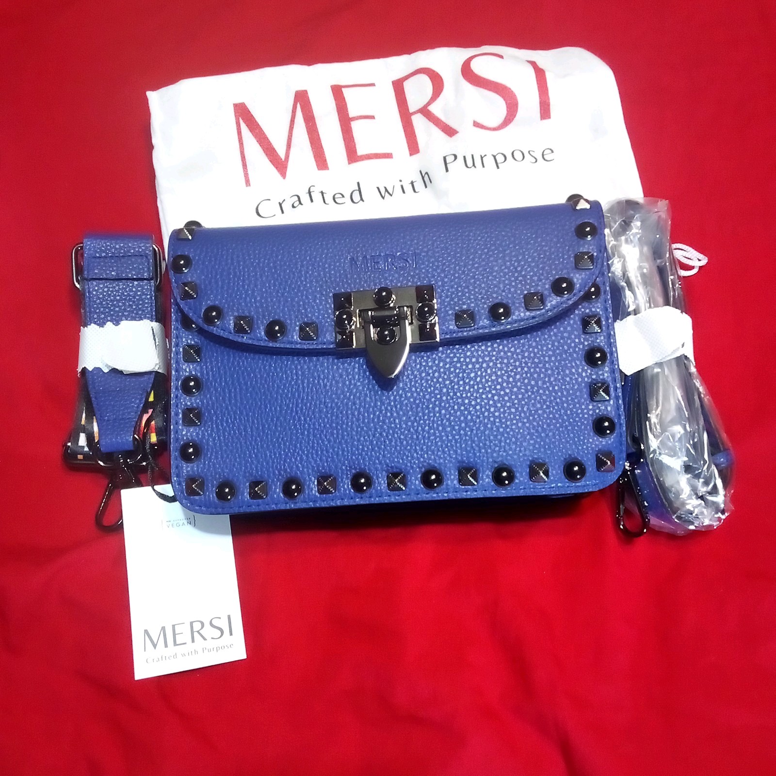 NEW NWT Women’s MERSI Designer Blue w/Studs Adjustable 2 Straps Crossbody Bag