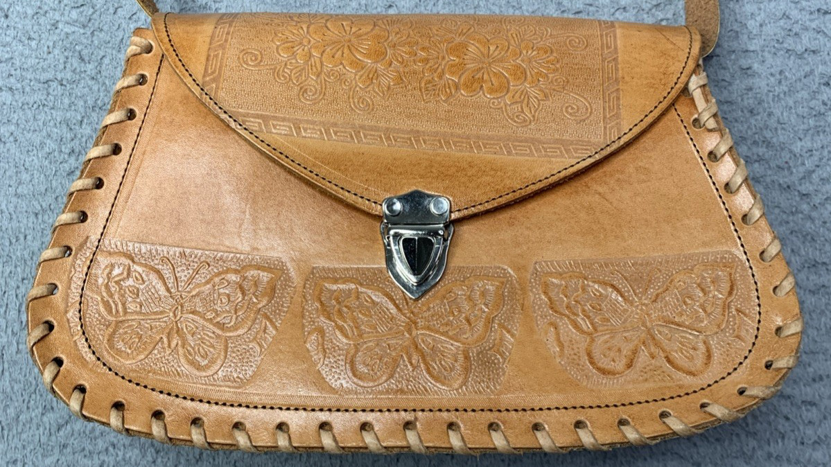 Hand Tooled Leather Crossbody Bag Made in Mexico Southwestern Butterfly
