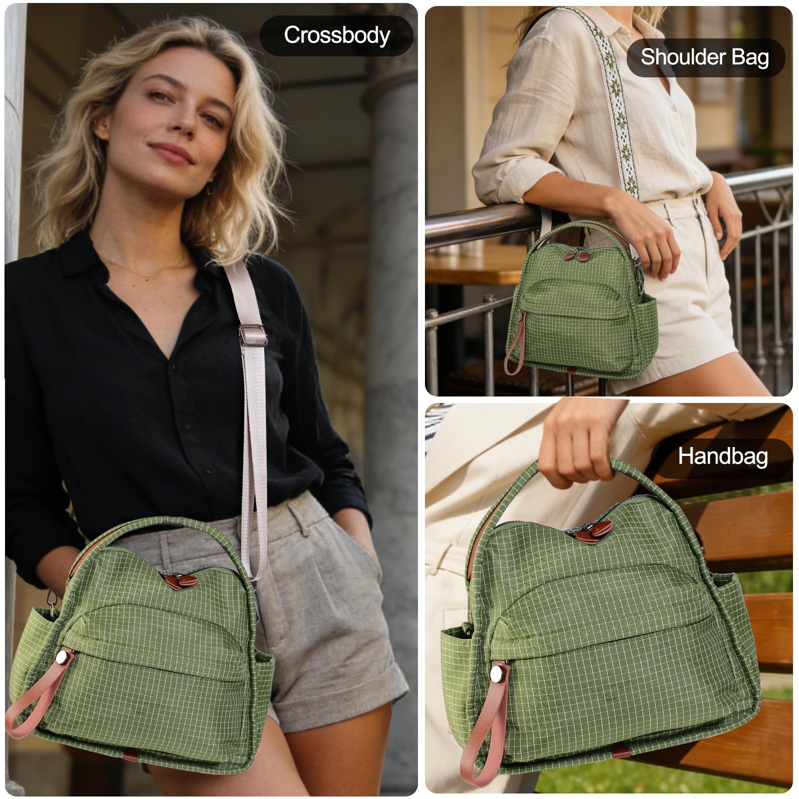Plaid Green Nylon Versatile Crossbody Shoulder Bag, Water-Resistant & Organized