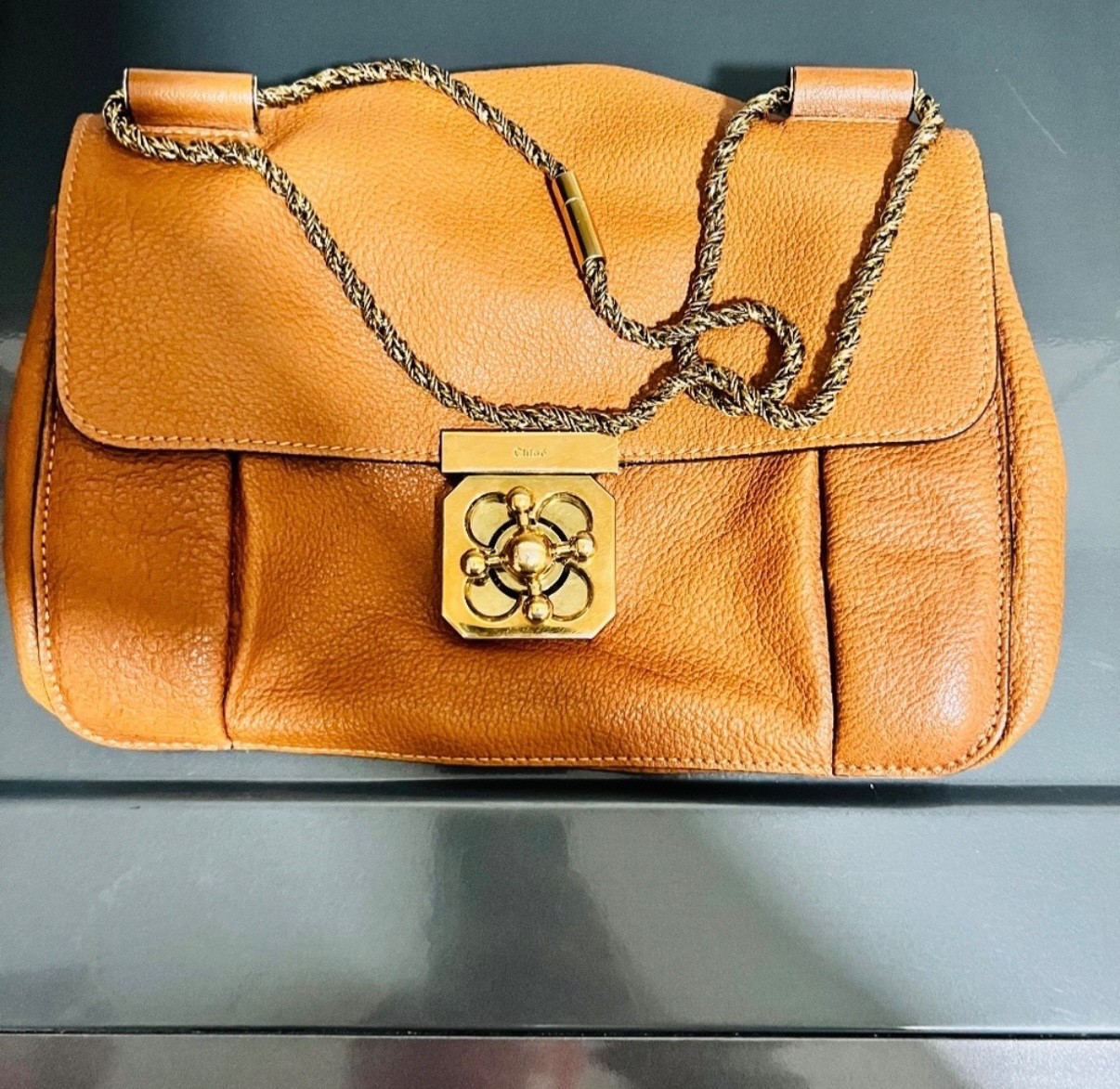 Chloe Elsie Handbag Tan Brown Leather Satchel Chain Shoulder Bag Dust Bag Card