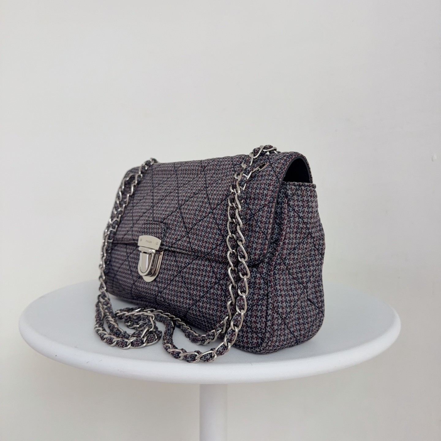 Prada Vintage Houndstooth Chain Flap Normal Size Grey Textile Shoulder Crossbody