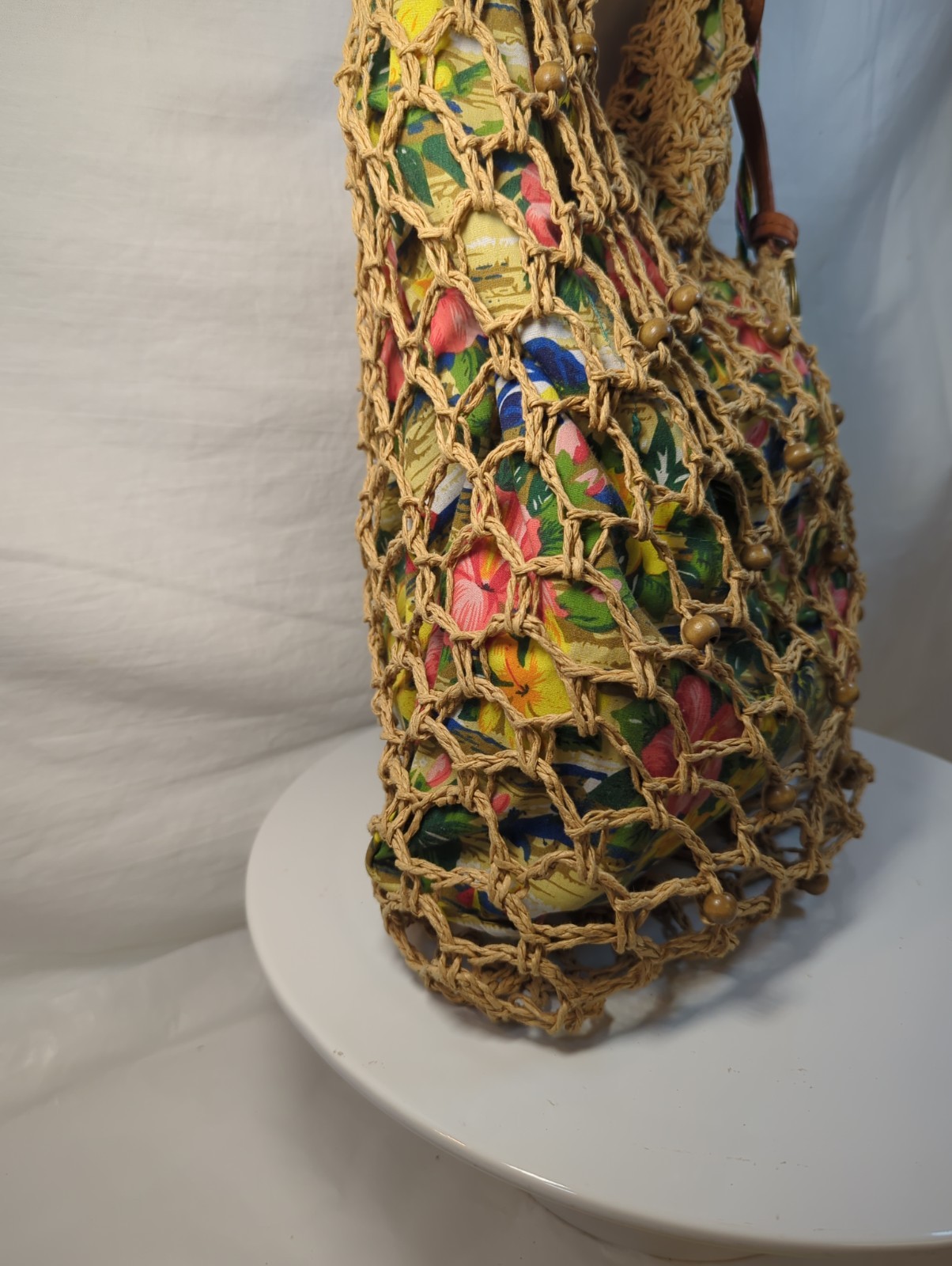 Raffia Weave Cotton Lined Crossbody Bag Charms Boho Hippie Slouchy Sling Purse